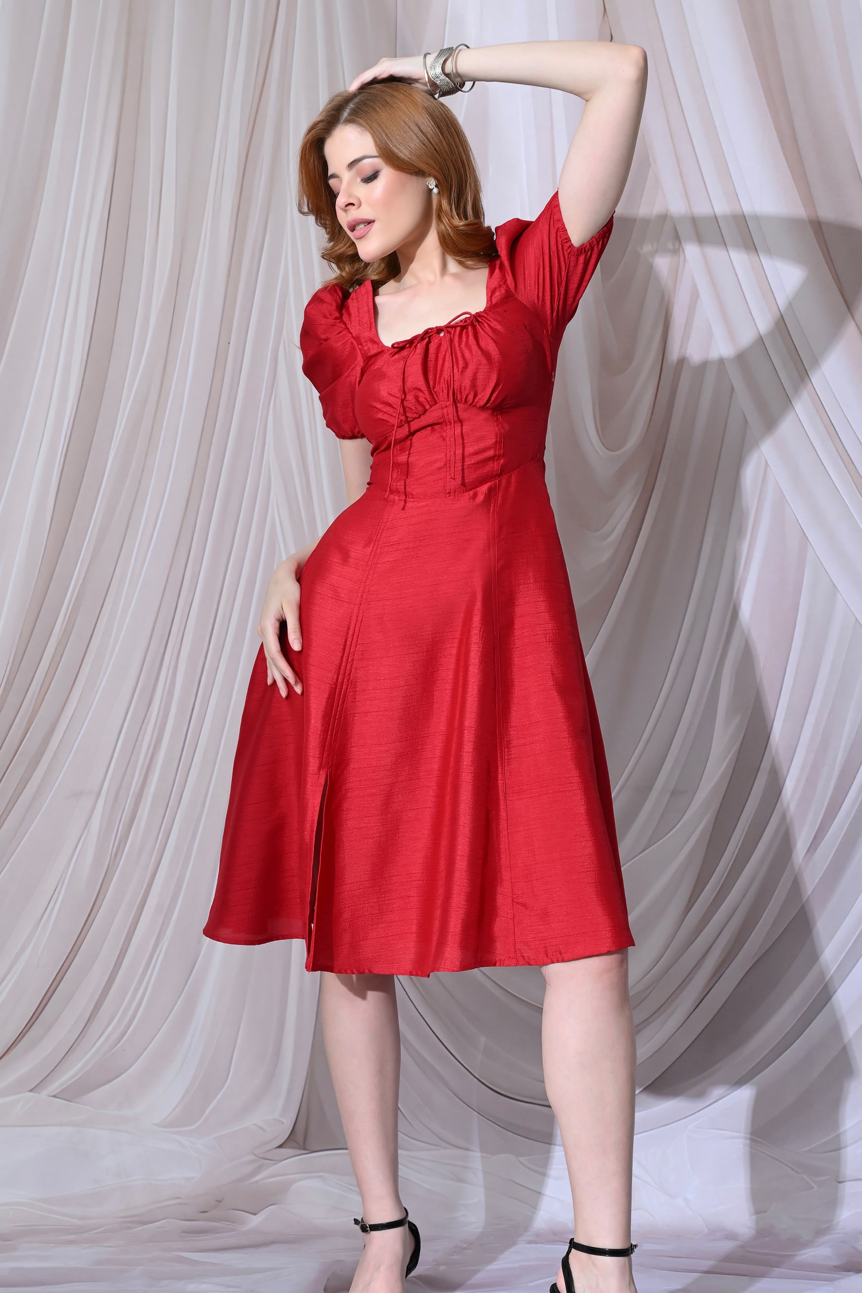 Royal Red Puff-Sleeve Midi Dress – catalogue view 3