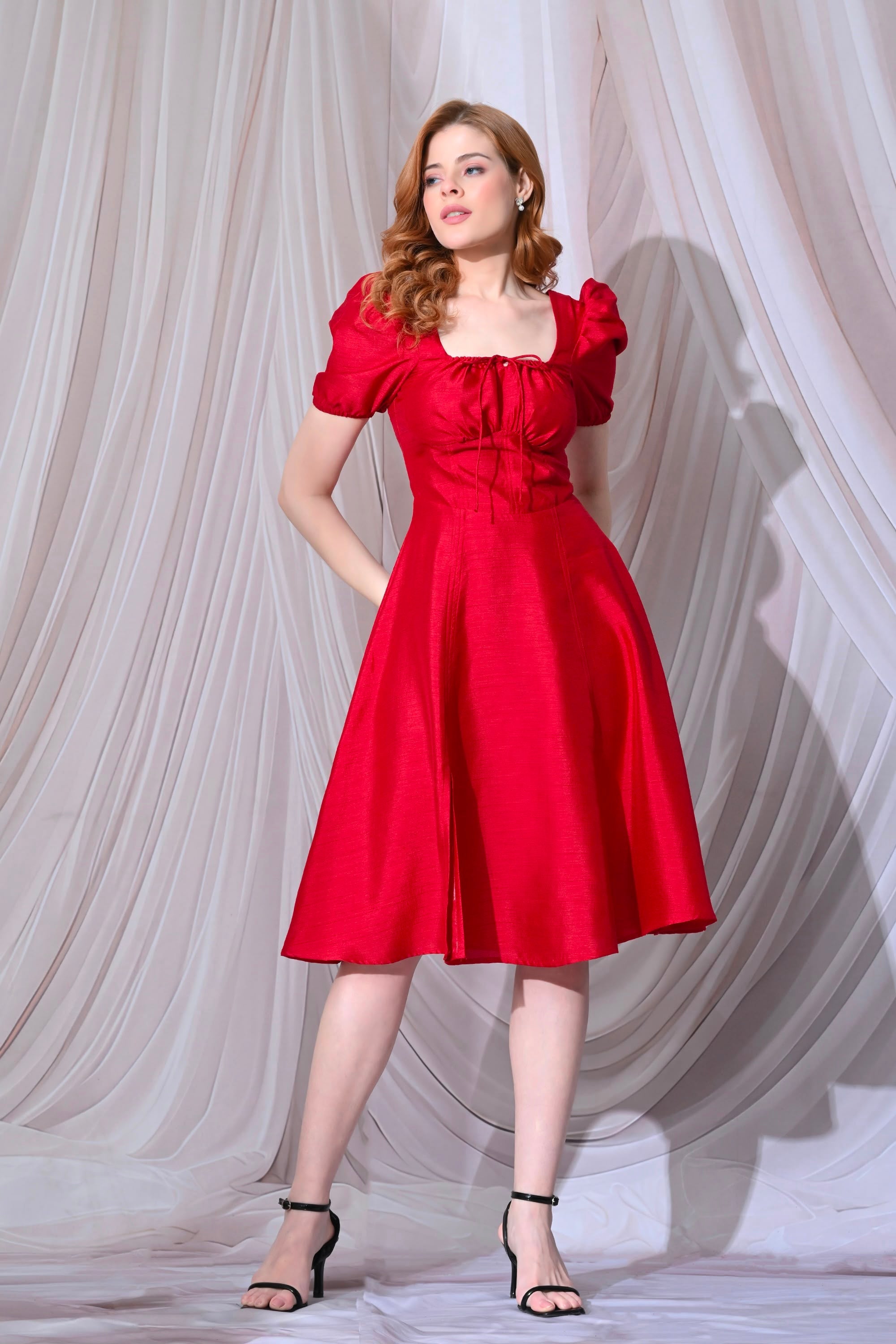 Royal Red Puff-Sleeve Midi Dress – catalogue view 1