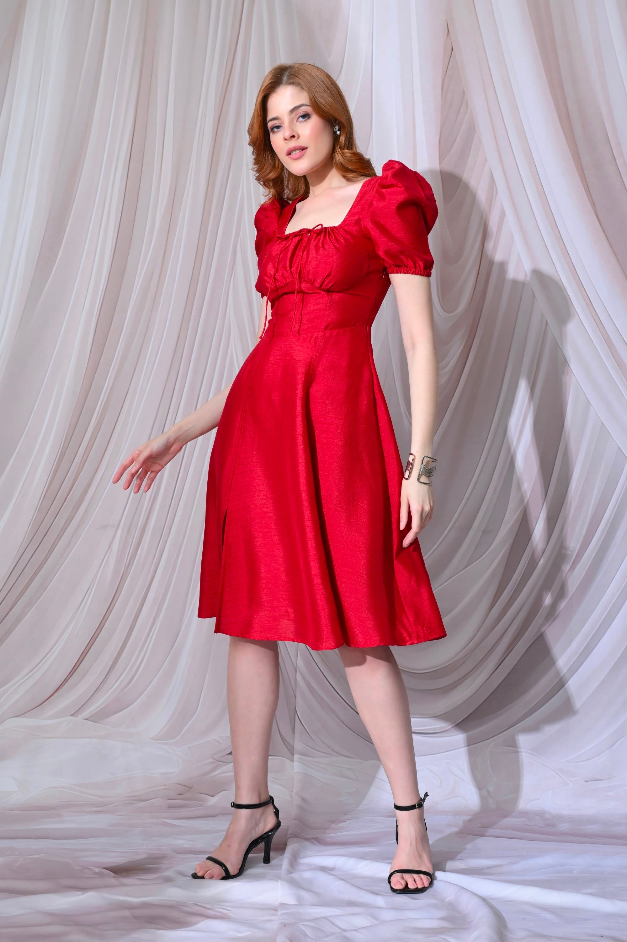 Royal Red Puff-Sleeve Midi Dress – catalogue view 2