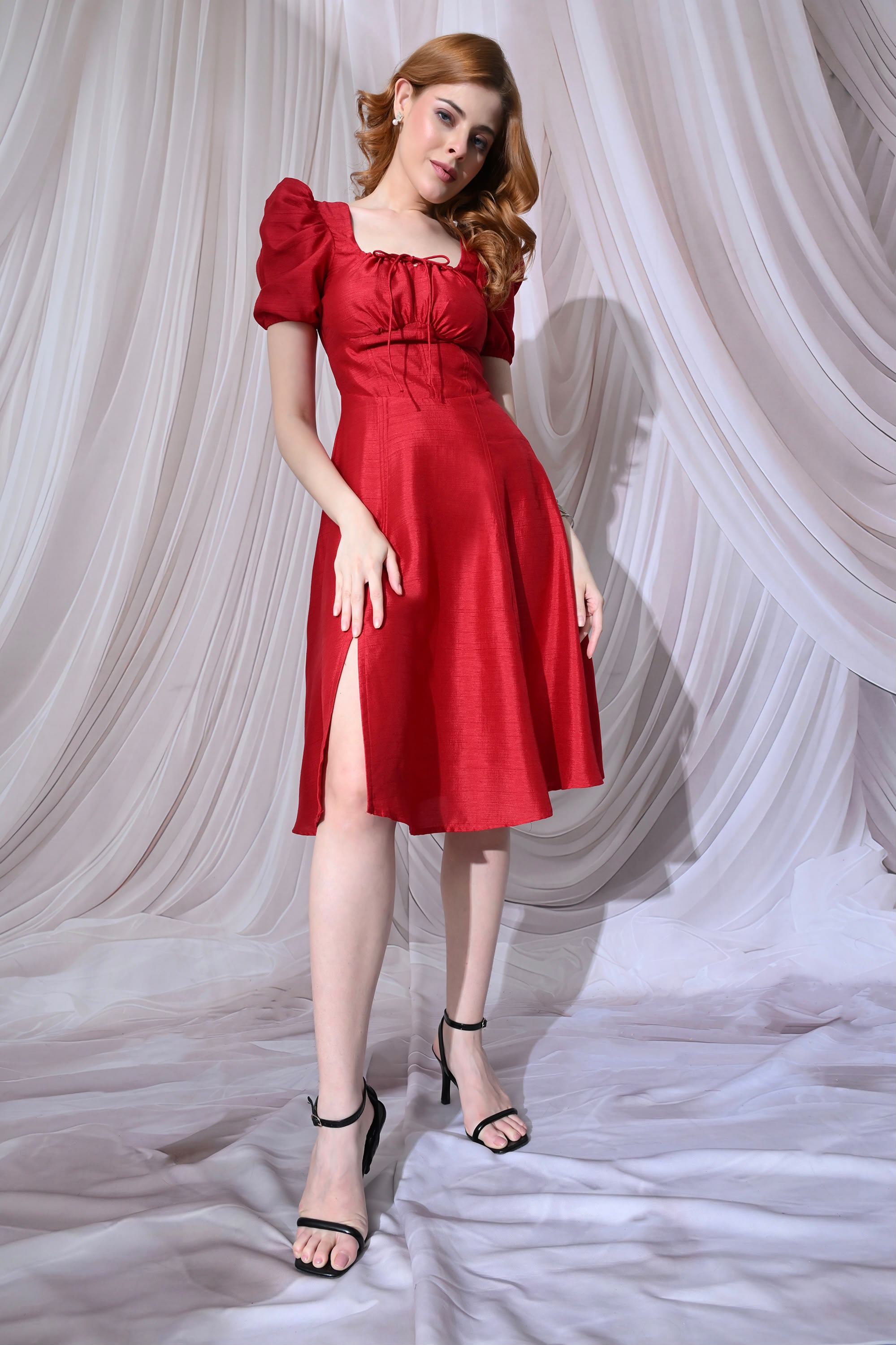 Royal Red Puff-Sleeve Midi Dress – catalogue view 4