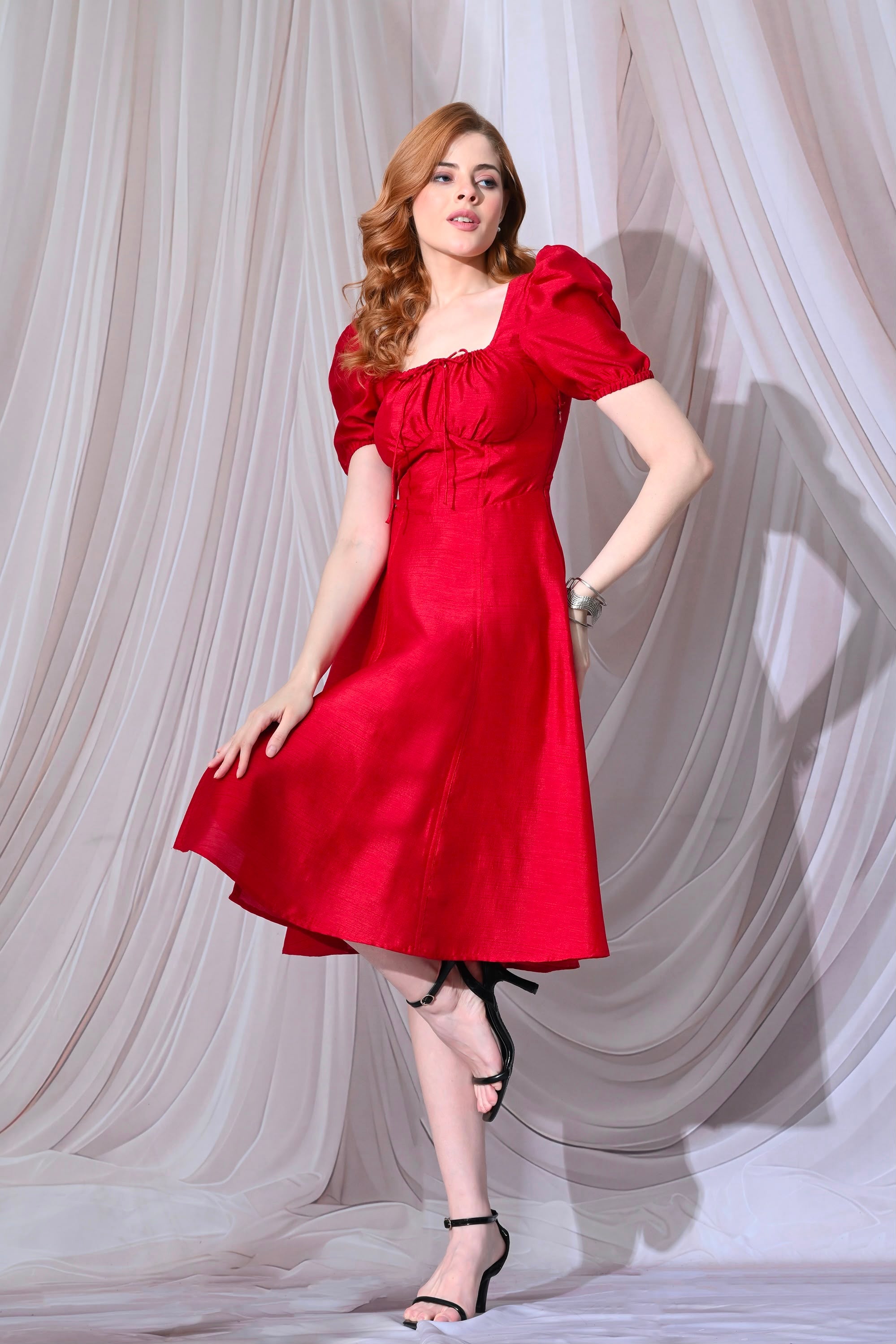 Royal Red Puff-Sleeve Midi Dress – catalogue view 5