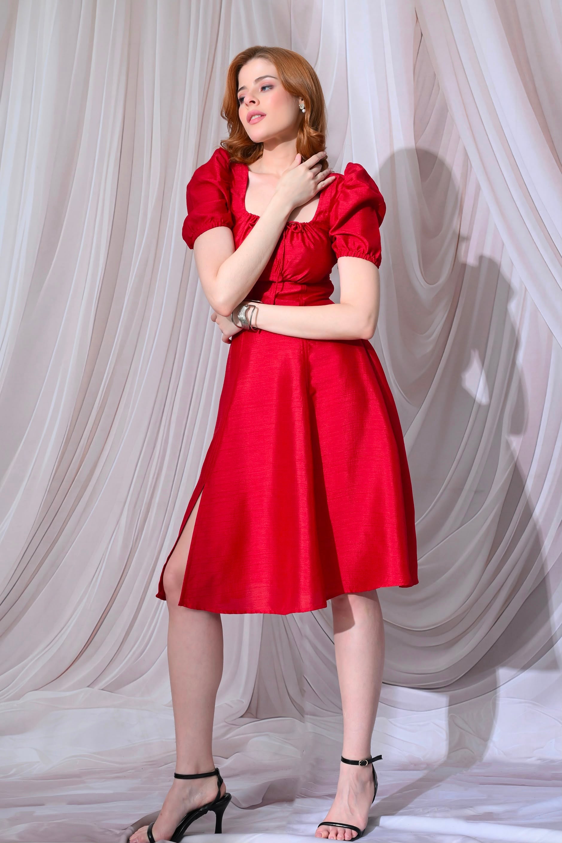Royal Red Puff-Sleeve Midi Dress – catalogue view 9