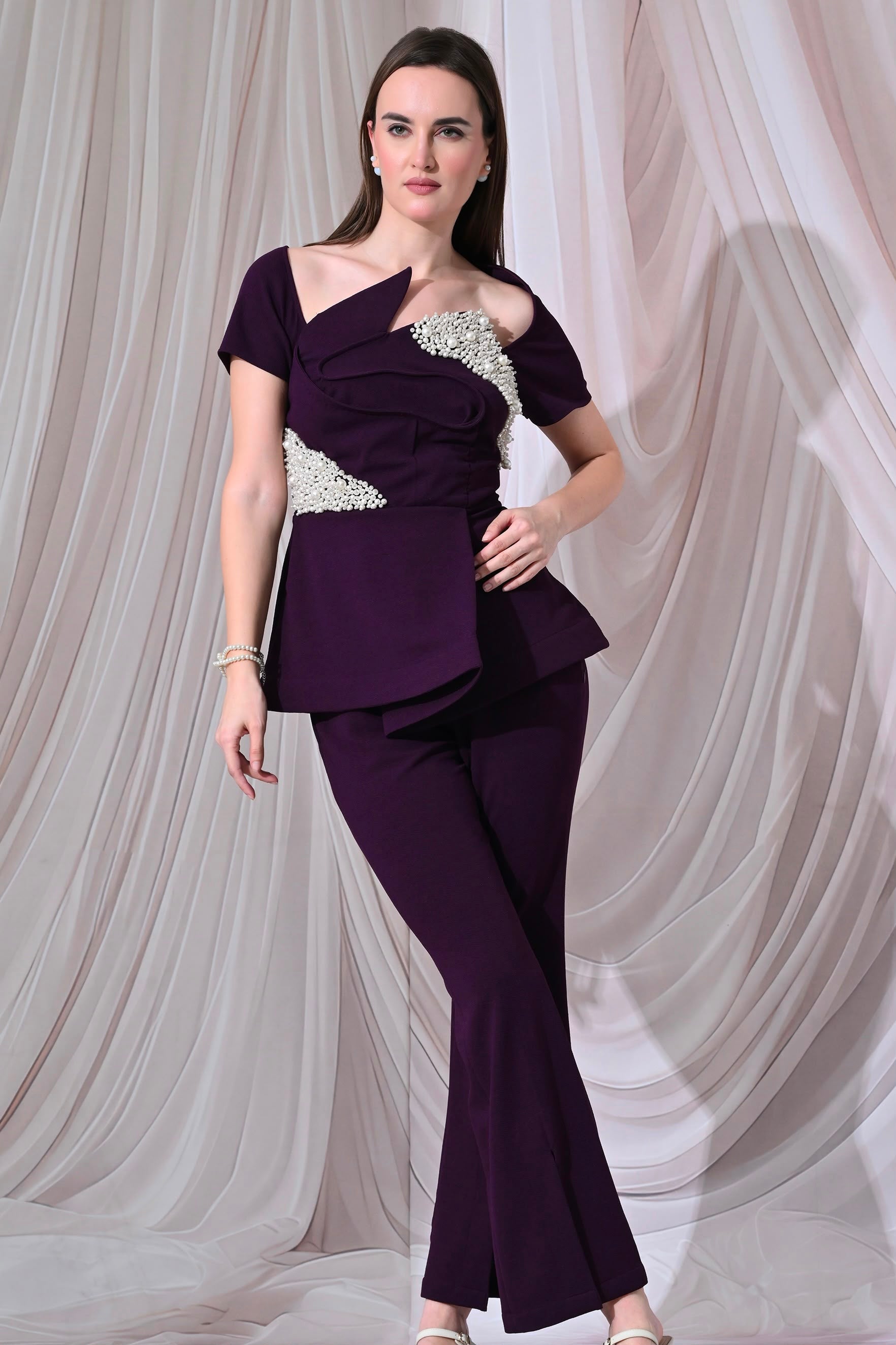Santorini Pearl-Embellished Plum Trouser Co-ord Set – catalogue view 1