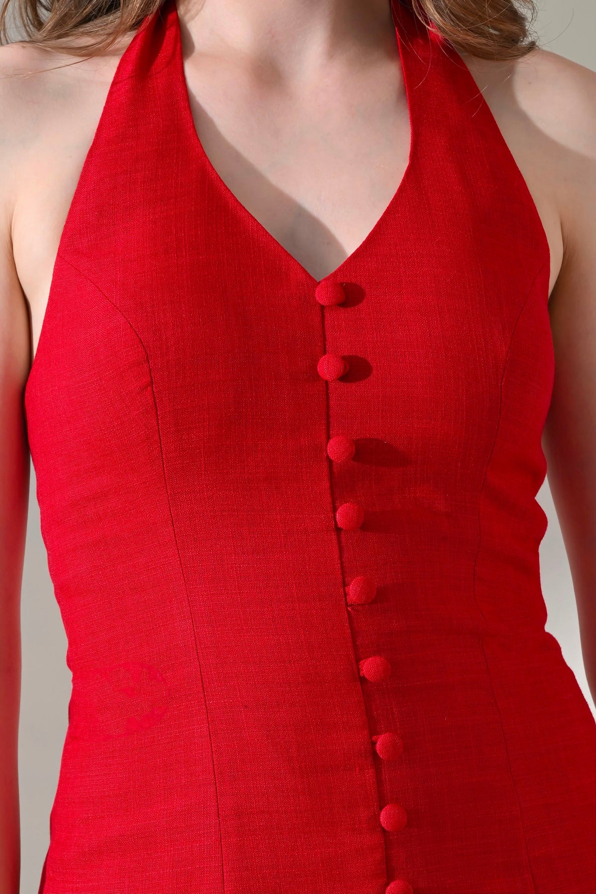 Scarlet Covered-Button Halter Mini Dress