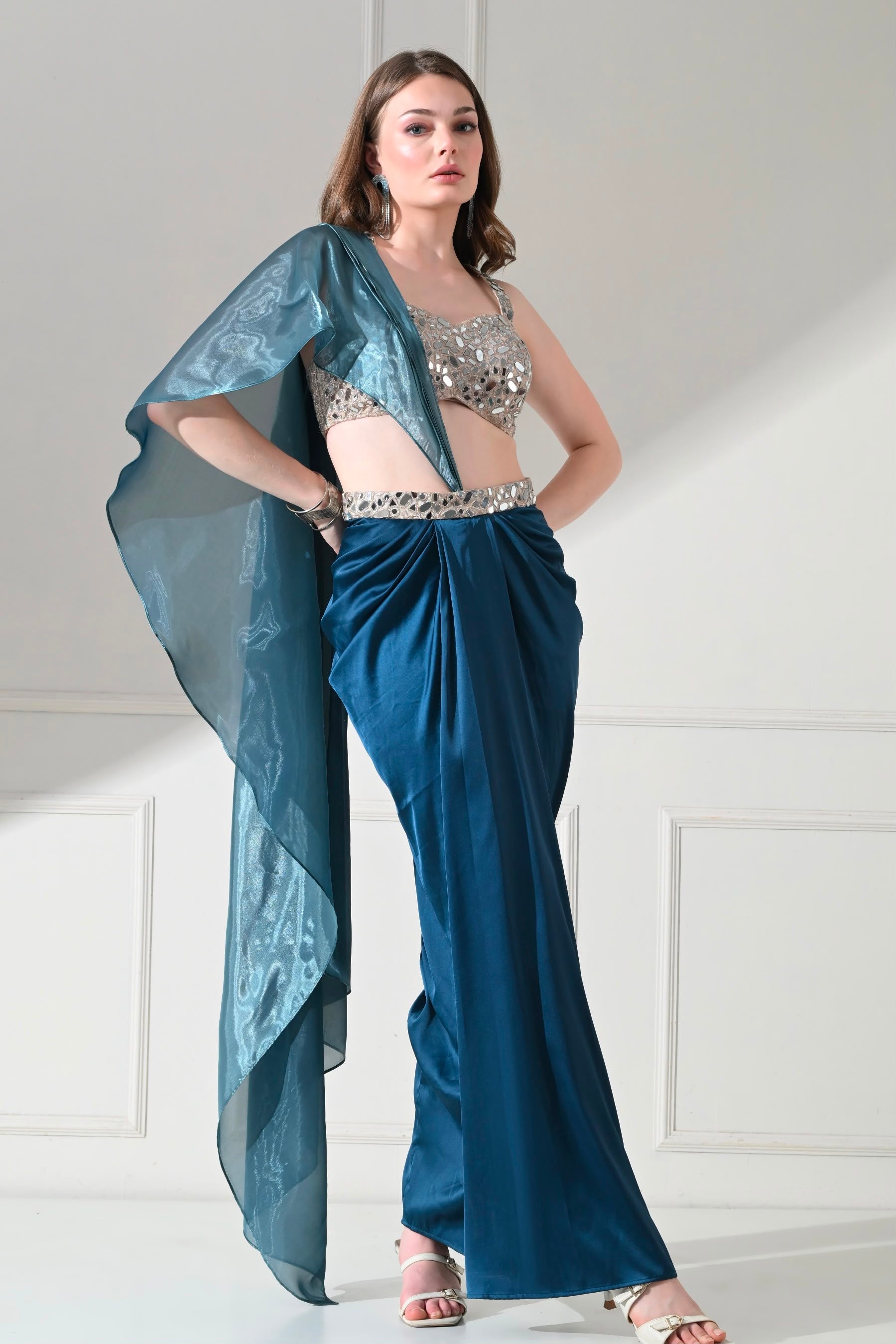 Steel Blue Mirror-Work Drape Saree Set – catalogue view 2