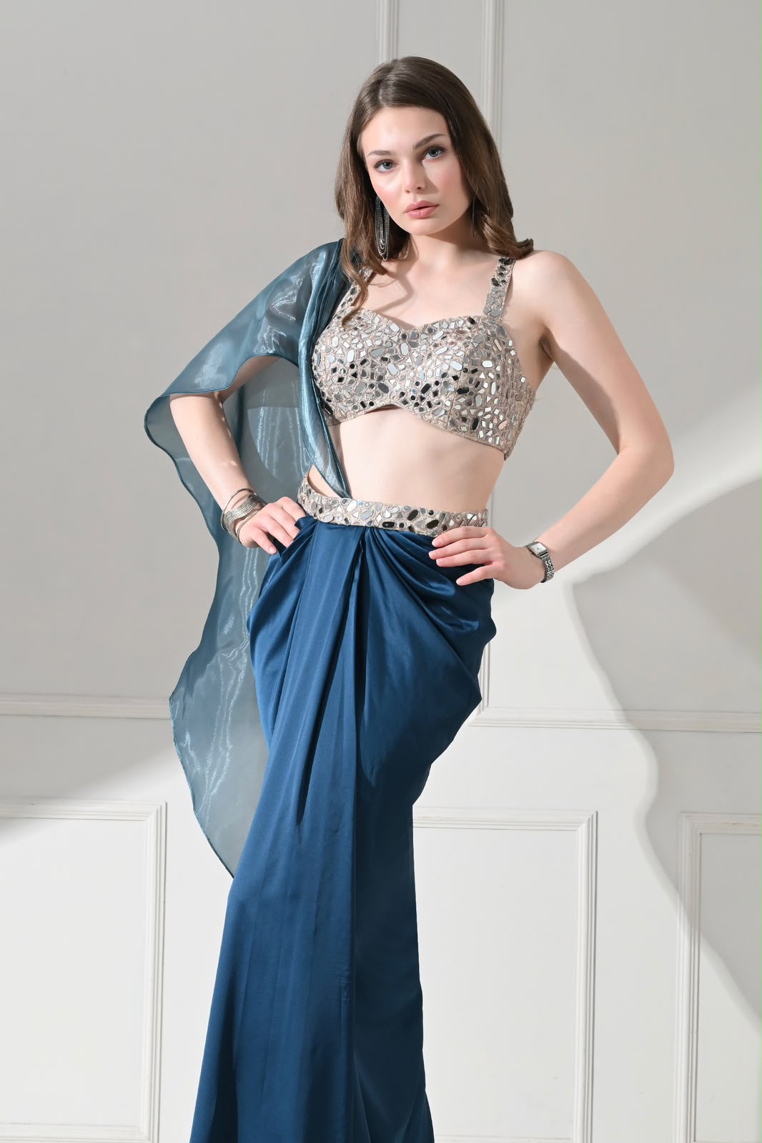 Steel Blue Mirror-Work Drape Saree Set – catalogue view 4