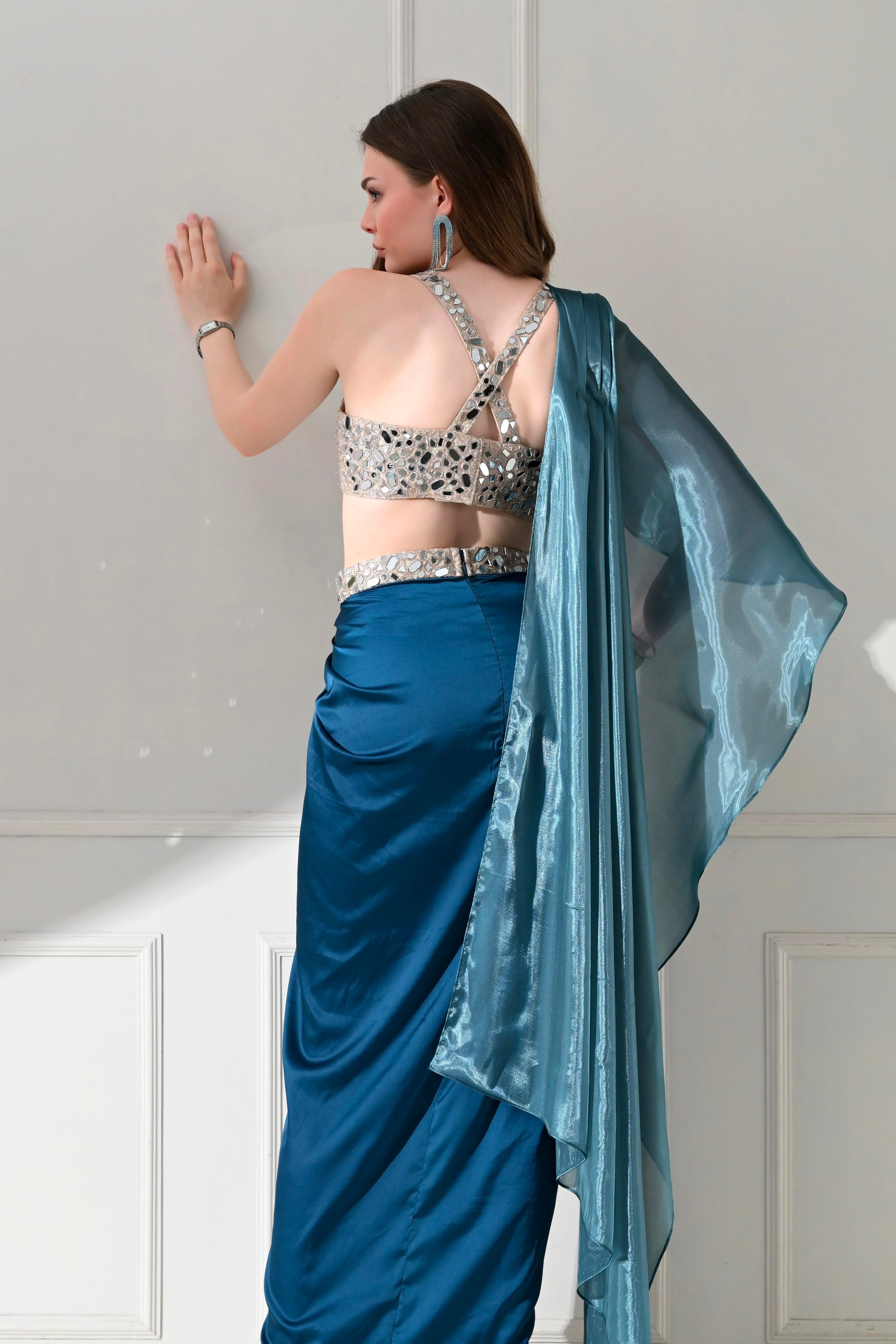 Steel Blue Mirror-Work Drape Saree Set – catalogue view 9