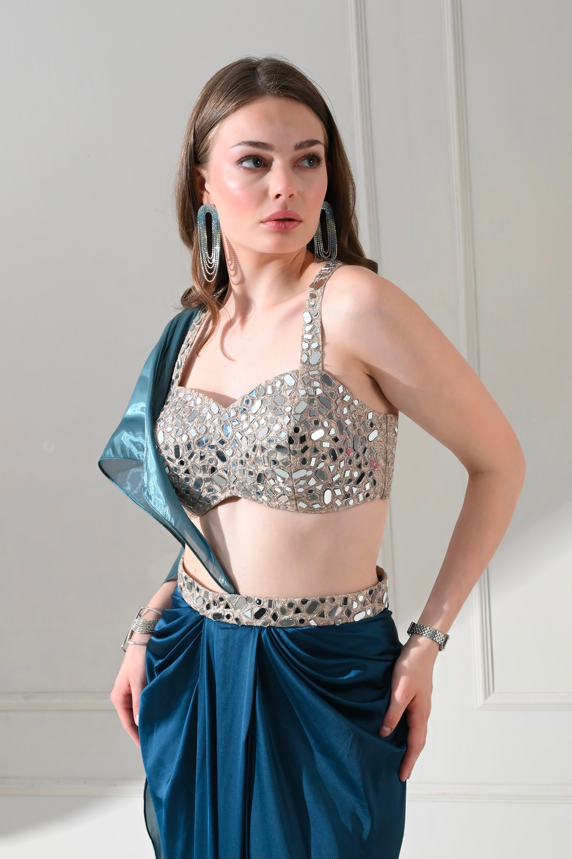 Steel Blue Mirror-Work Drape Saree Set – catalogue view 10