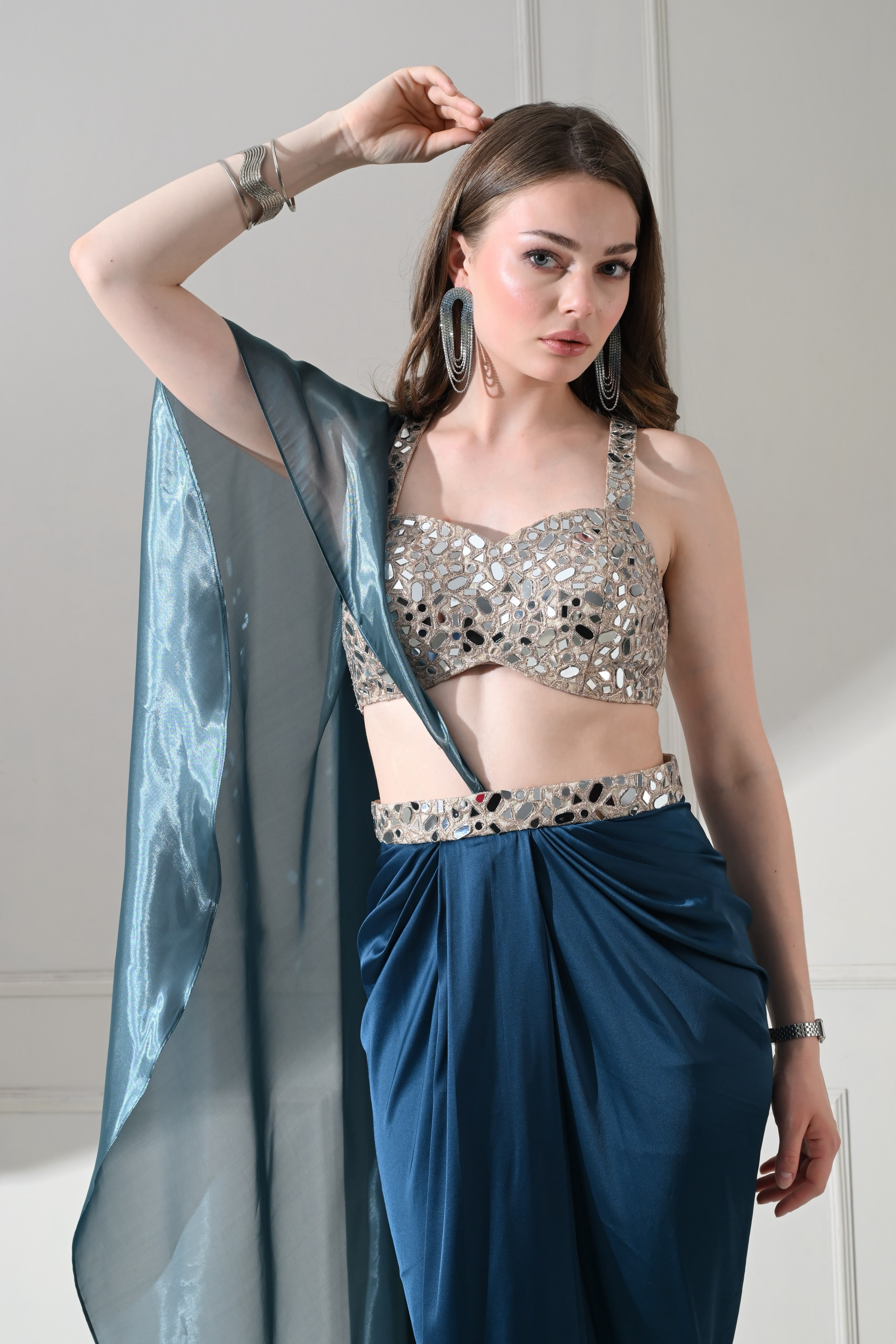 Steel Blue Mirror-Work Drape Saree Set – catalogue view 6