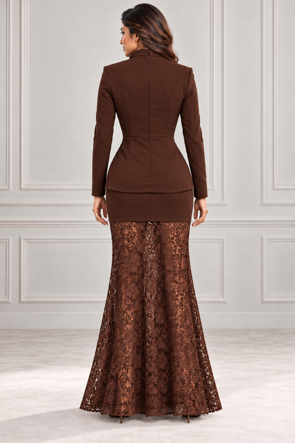Studio back view of the Cacao chocolate-brown long-sleeve blazer and flared lace skirt set.