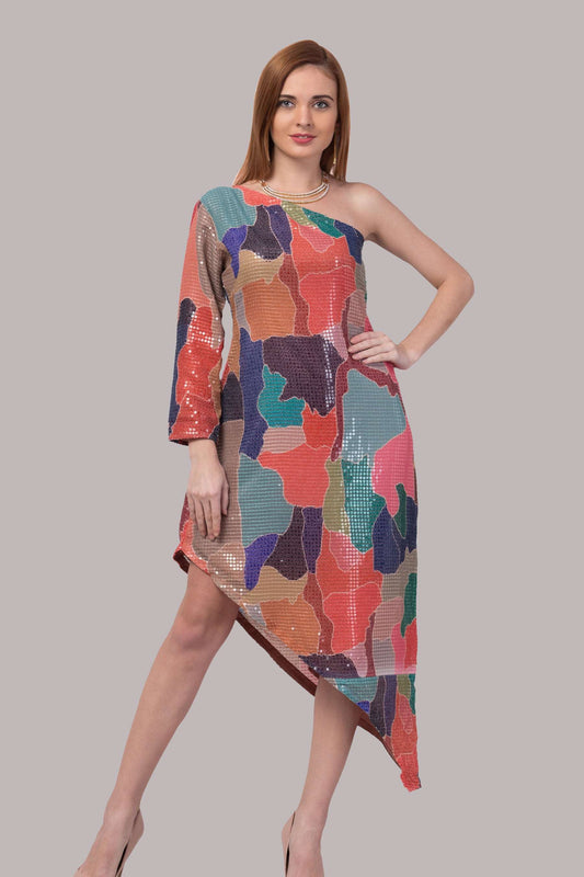 Asymmetrical multi-colour sequenced dress - wishdrobe