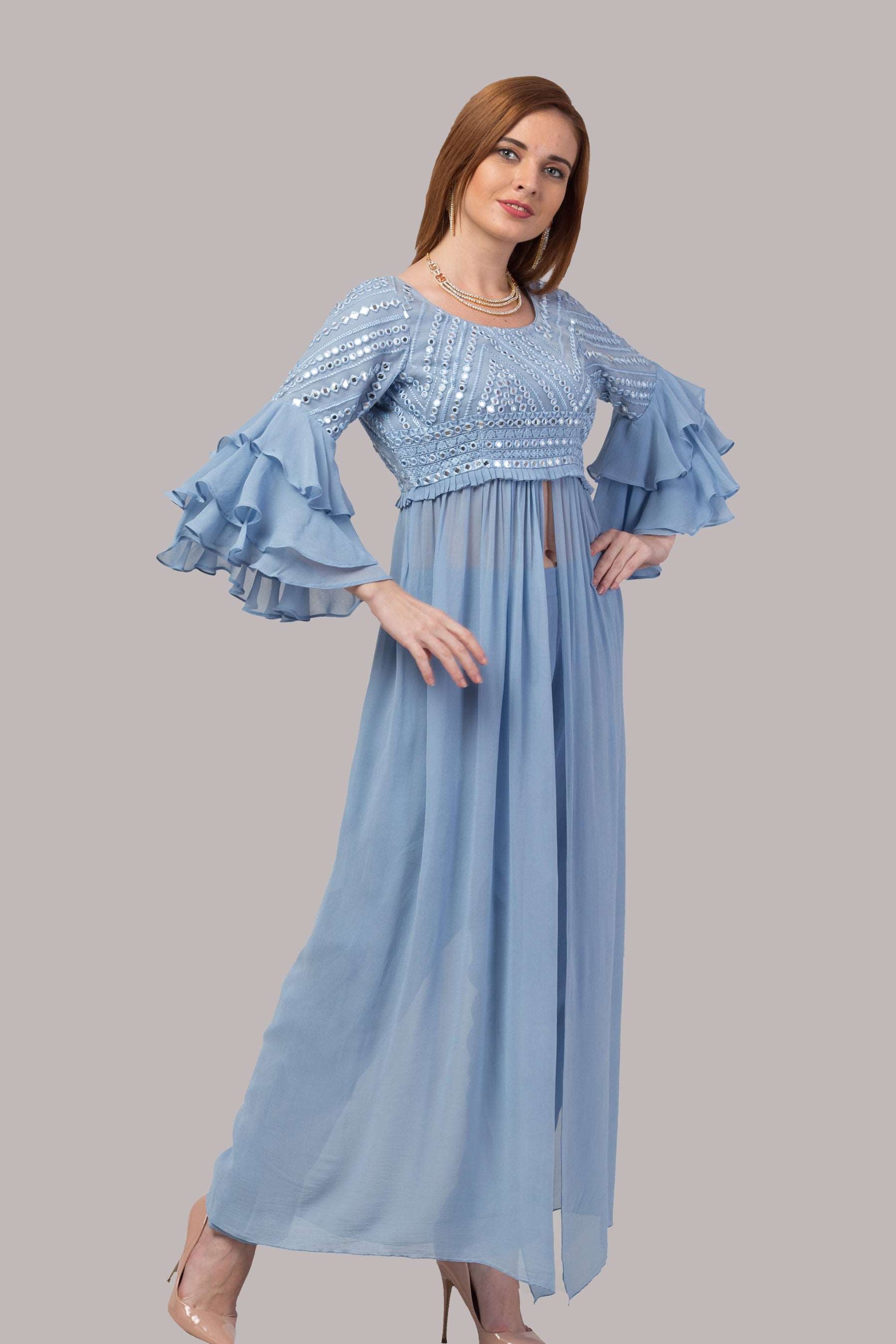 Sky Blue Suit with Three Tier Dramatic Sleeves and pants - wishdrobe