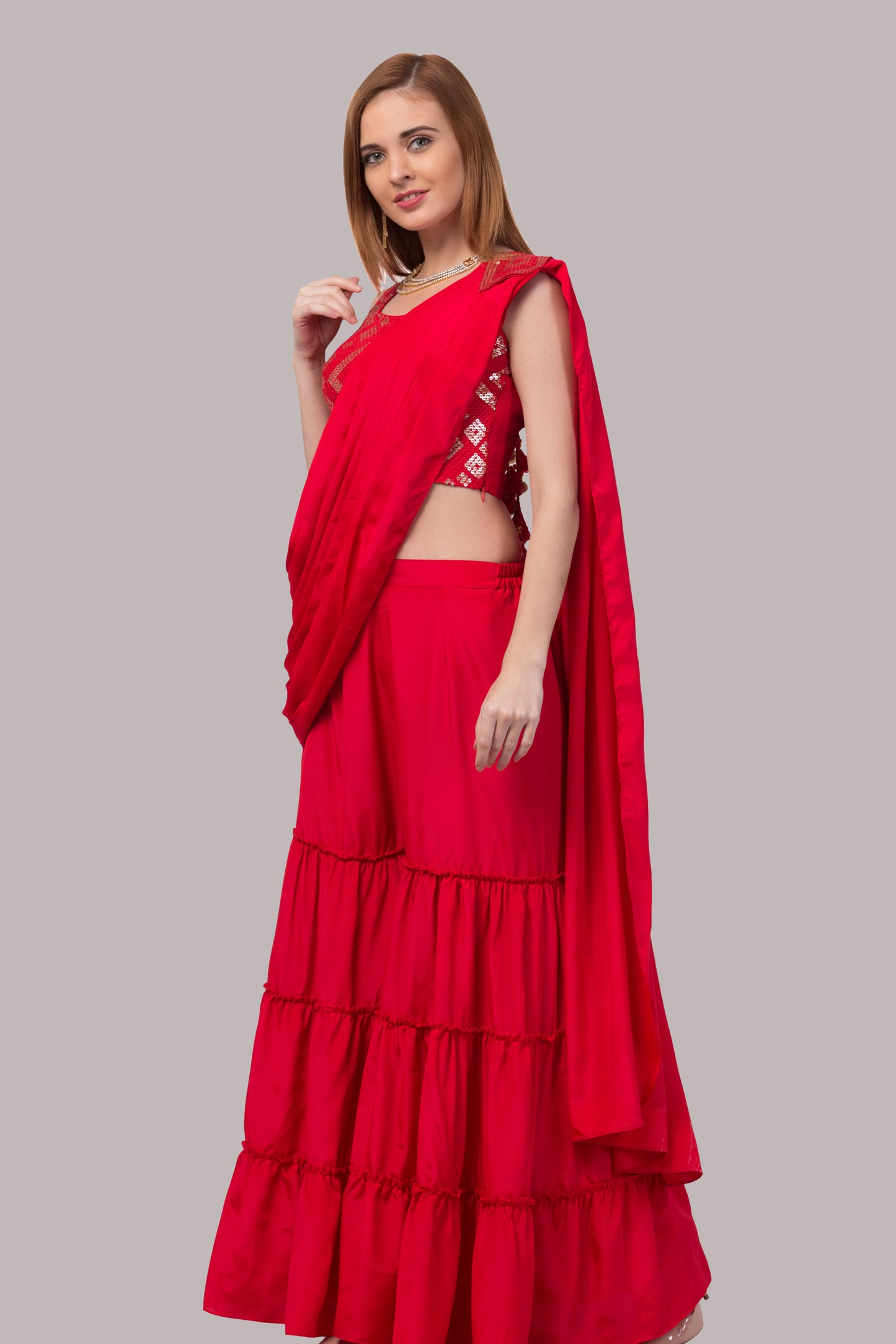 Scarlet Red Embellished Drape Sharara Saree With Blouse - wishdrobe