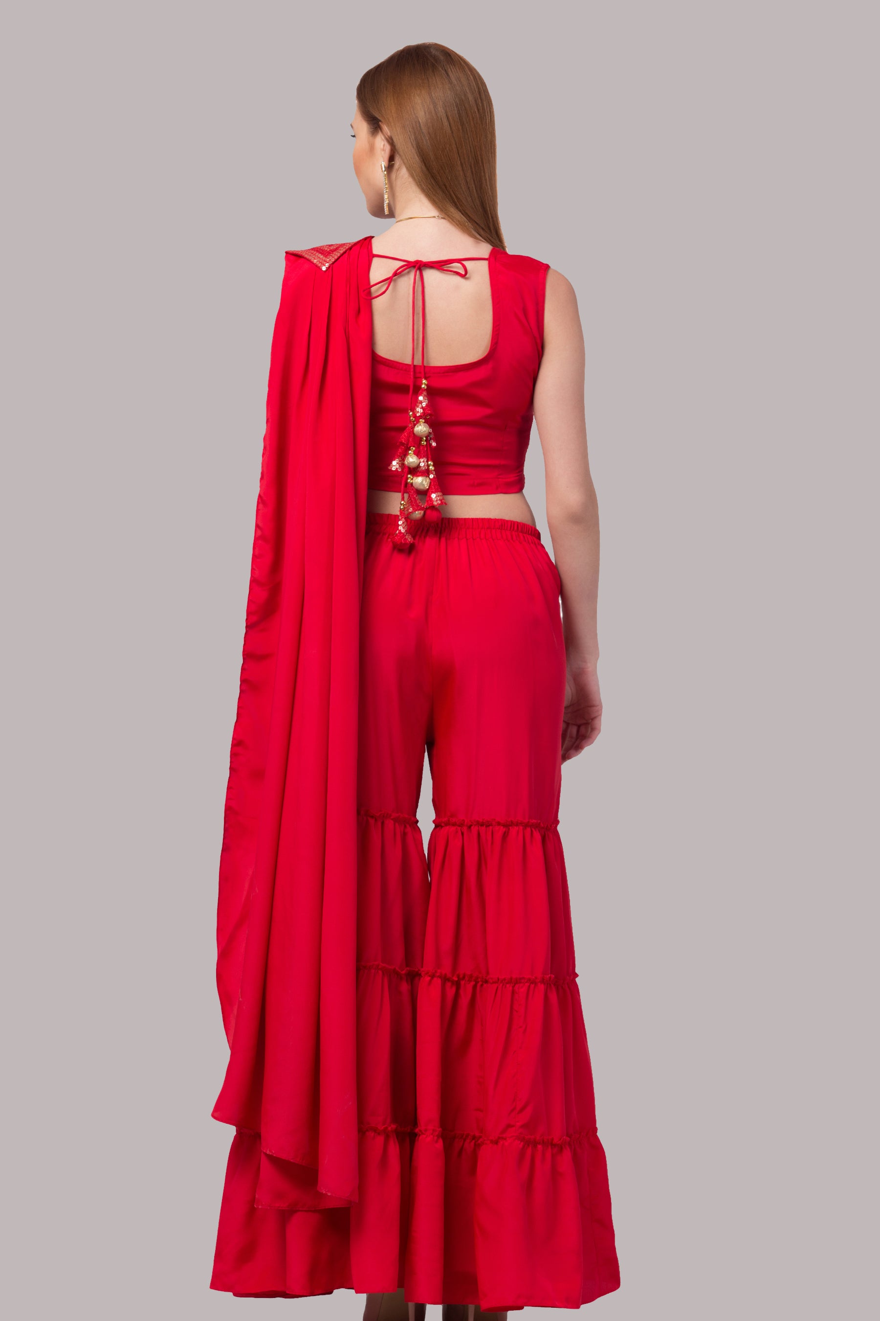 Scarlet Red Embellished Drape Sharara Saree With Blouse - wishdrobe