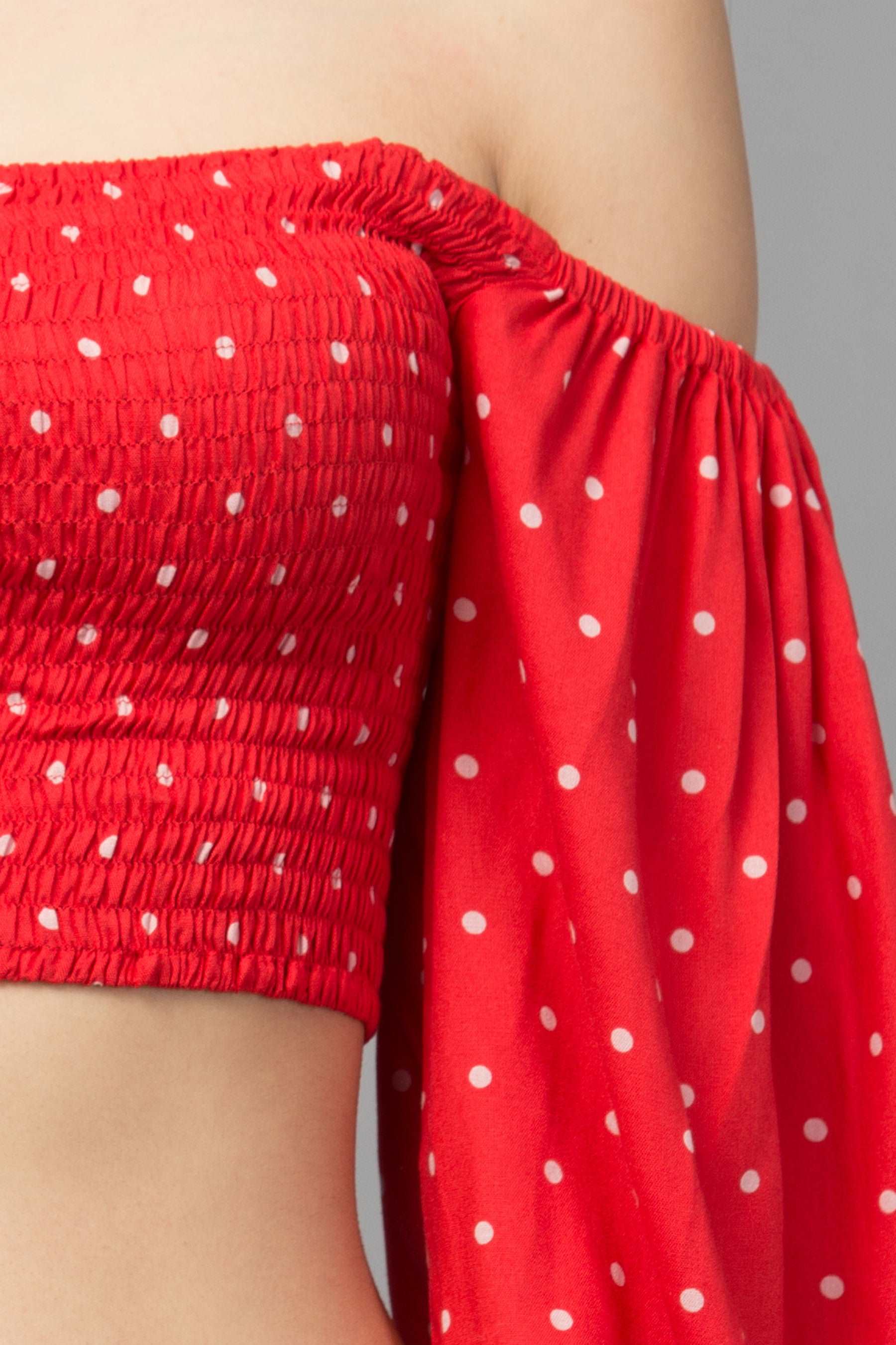 Shirred top with puff sleeves : Polka Dots - wishdrobe