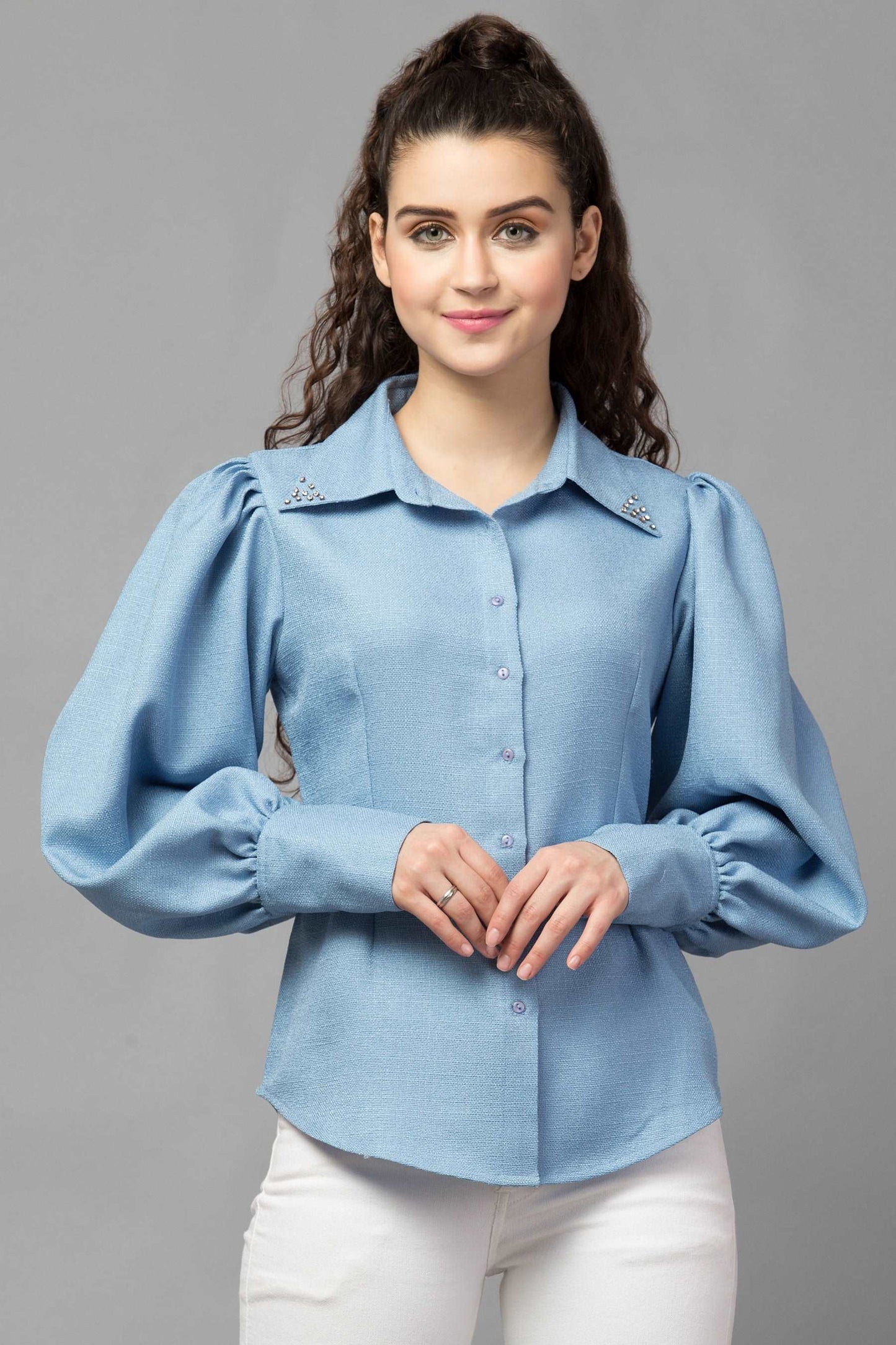 Dramatic Sleeves Shirt : Sky blue - wishdrobe