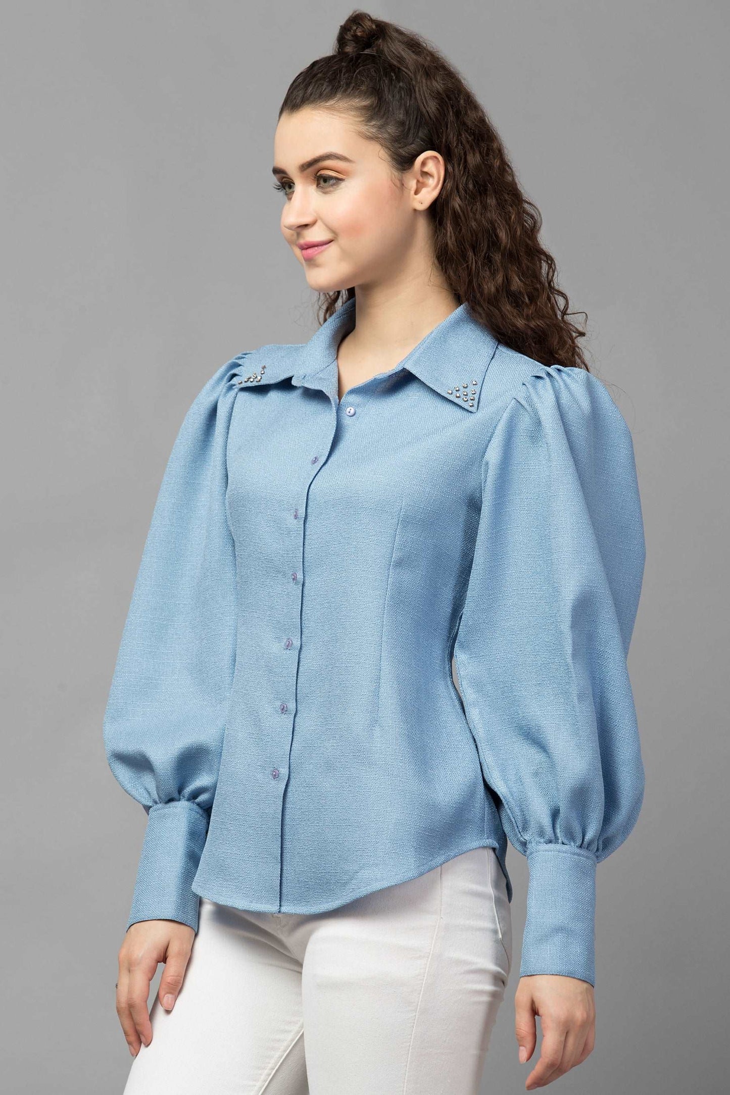 Dramatic Sleeves Shirt : Sky blue - wishdrobe