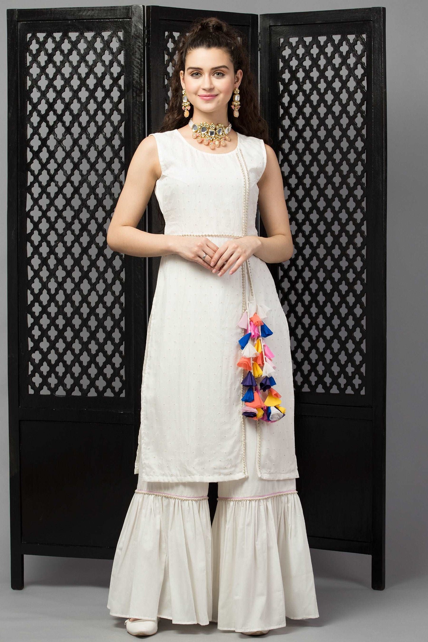 Timeless Natural White Suit with Sharara Pants - wishdrobe