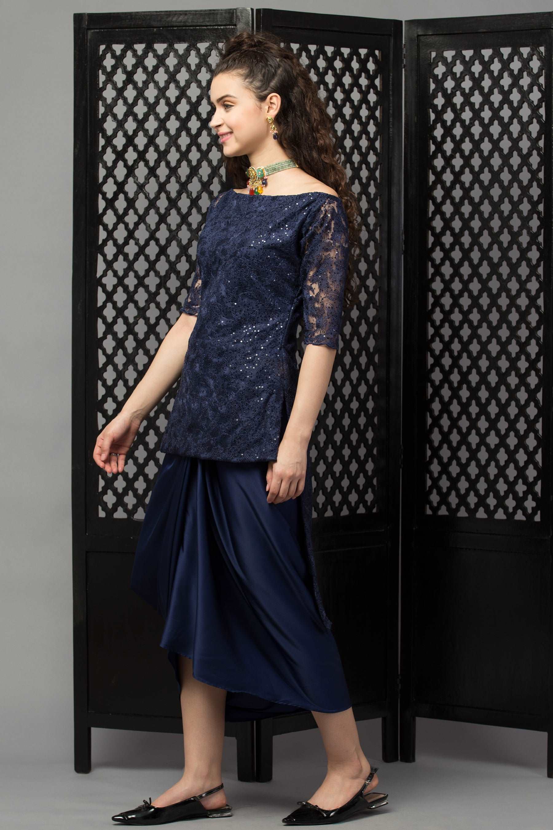 High-low Embellished Kurta with Drape Dhoti Skirt - wishdrobe