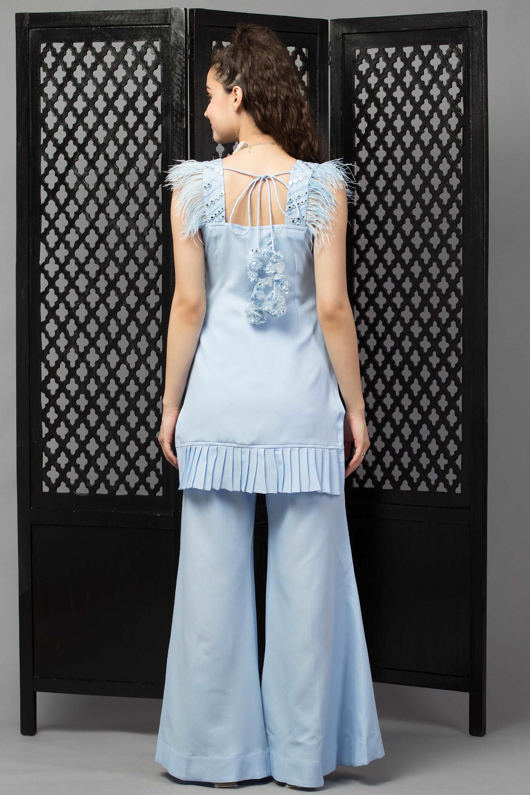 Sky blue Suit with Fur Detailing - wishdrobe