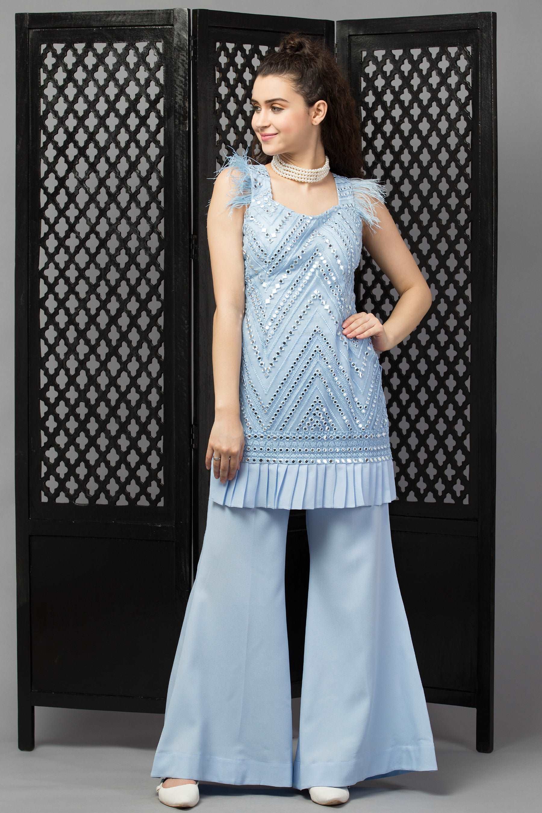 Sky blue Suit with Fur Detailing - wishdrobe