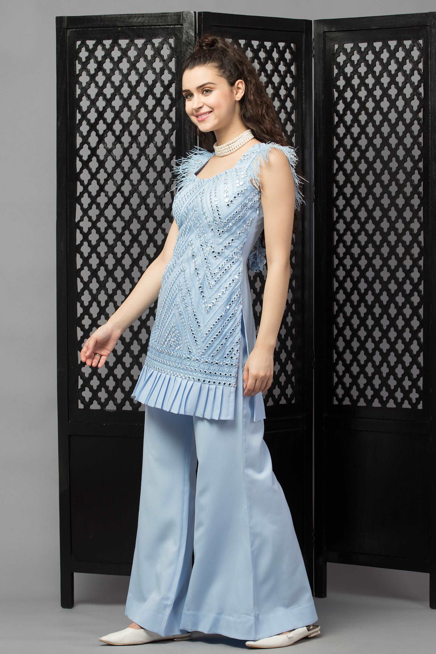 Sky blue Suit with Fur Detailing - wishdrobe