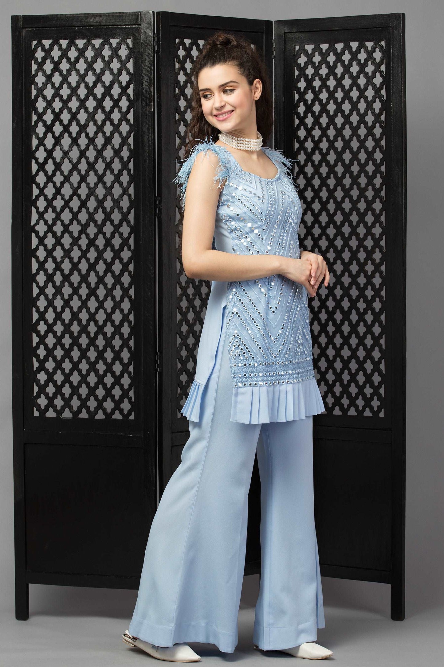 Sky blue Suit with Fur Detailing - wishdrobe