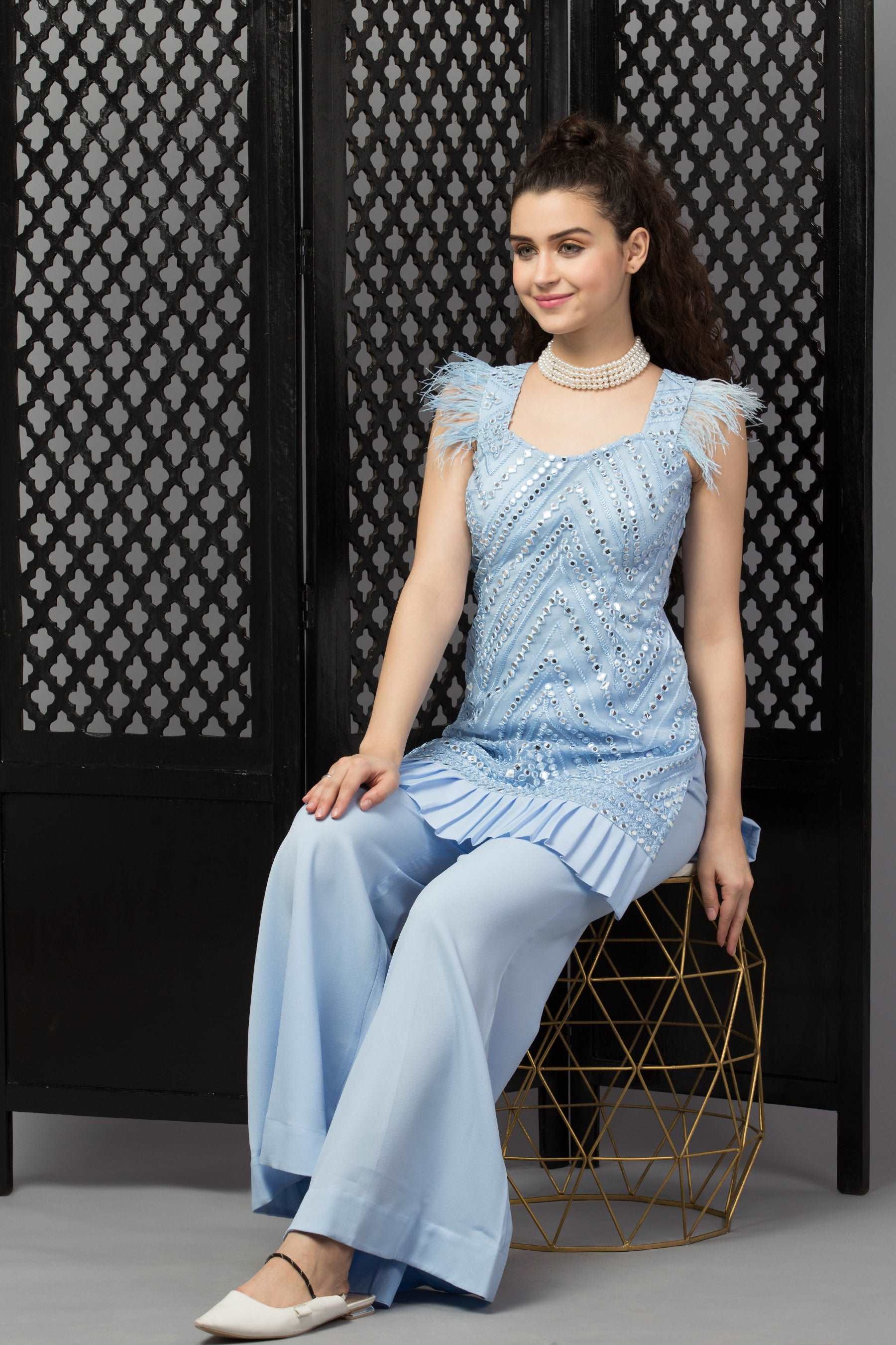 Sky blue Suit with Fur Detailing - wishdrobe