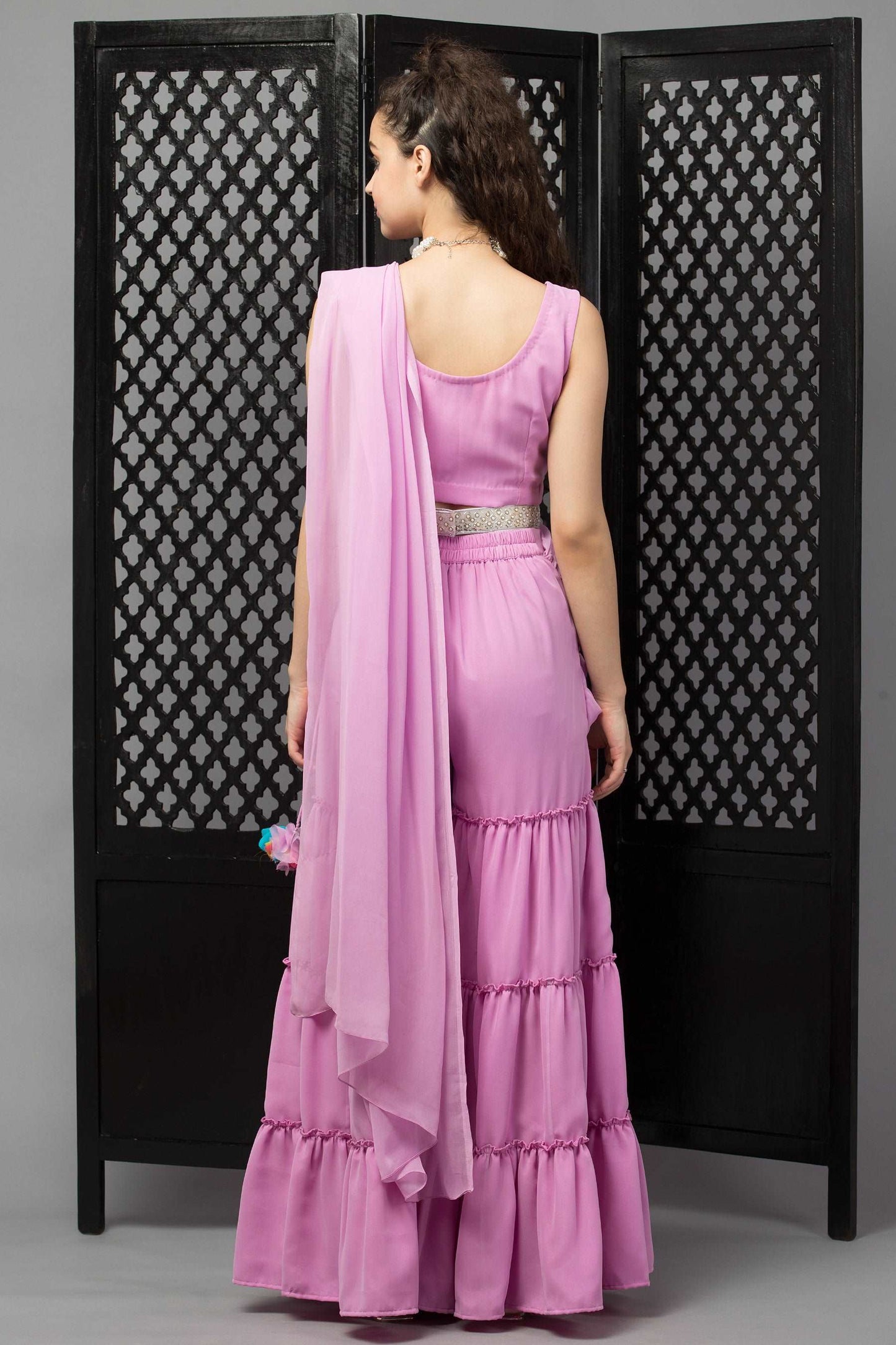 Blush Pink Embellished Drape Sharara Saree With Blouse And Belt - wishdrobe