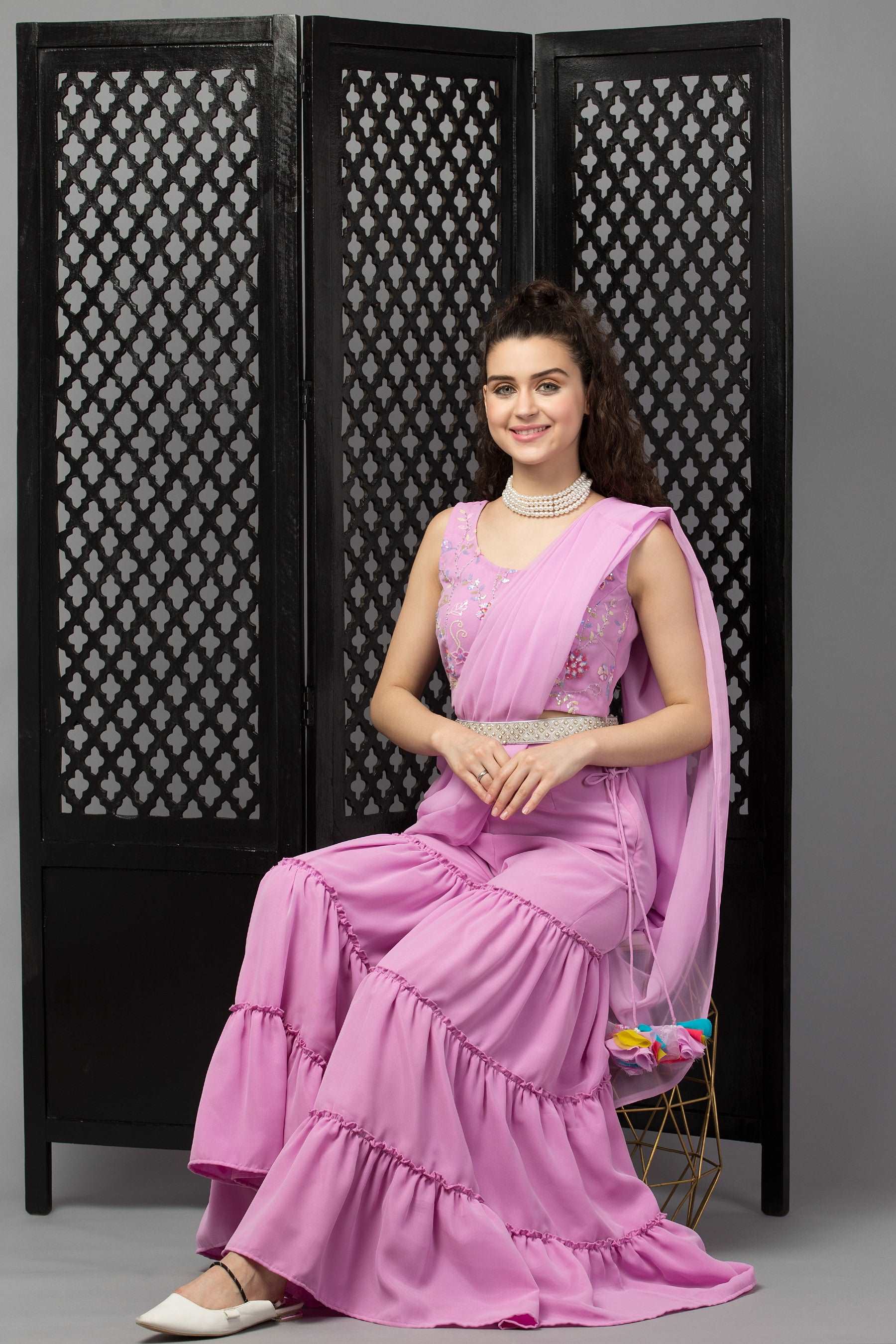 Blush Pink Embellished Drape Sharara Saree With Blouse And Belt - wishdrobe