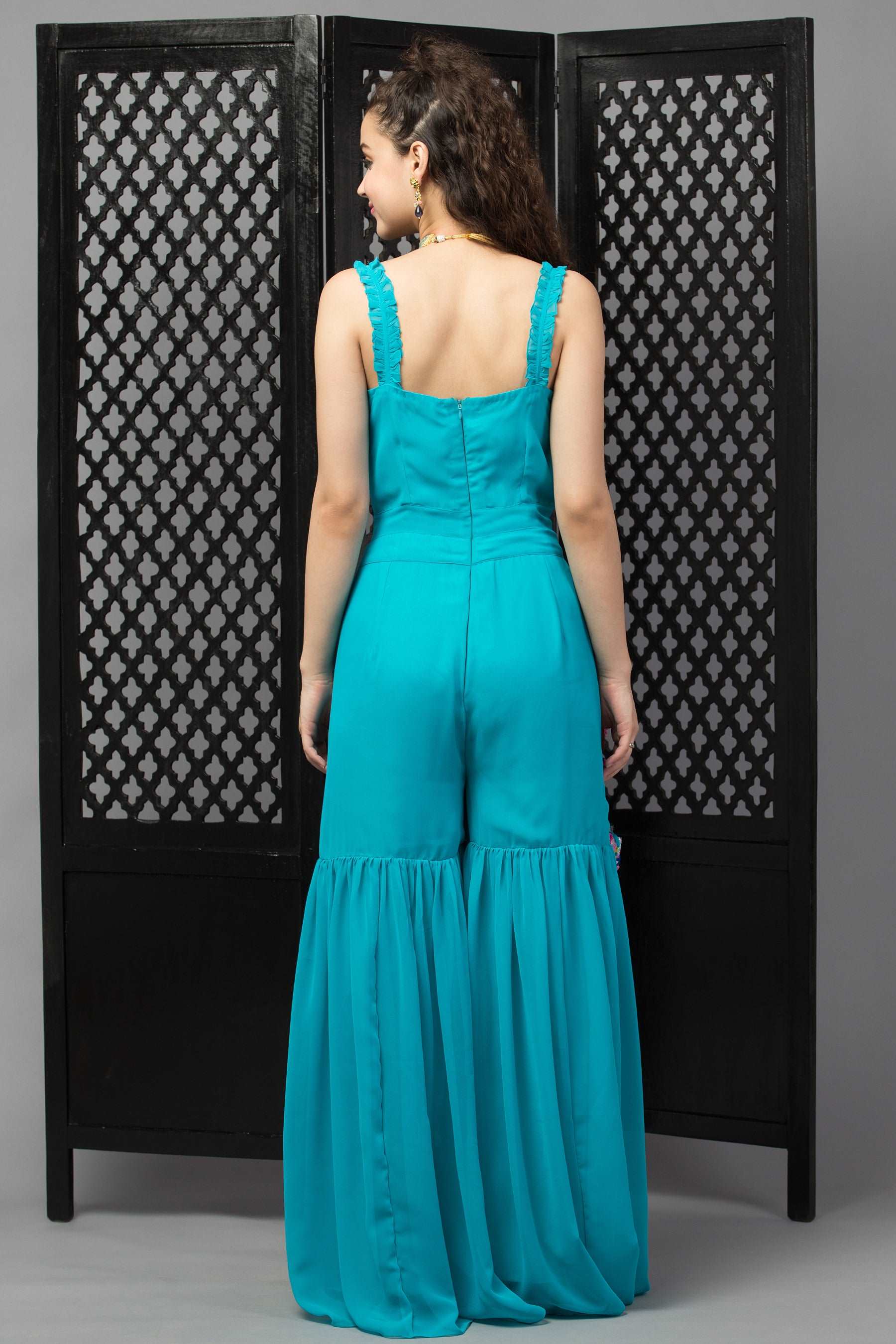 Buy Indo Western Jumpsuit For Women Girl's (Cream, Teal Green - M) at  Amazon.in