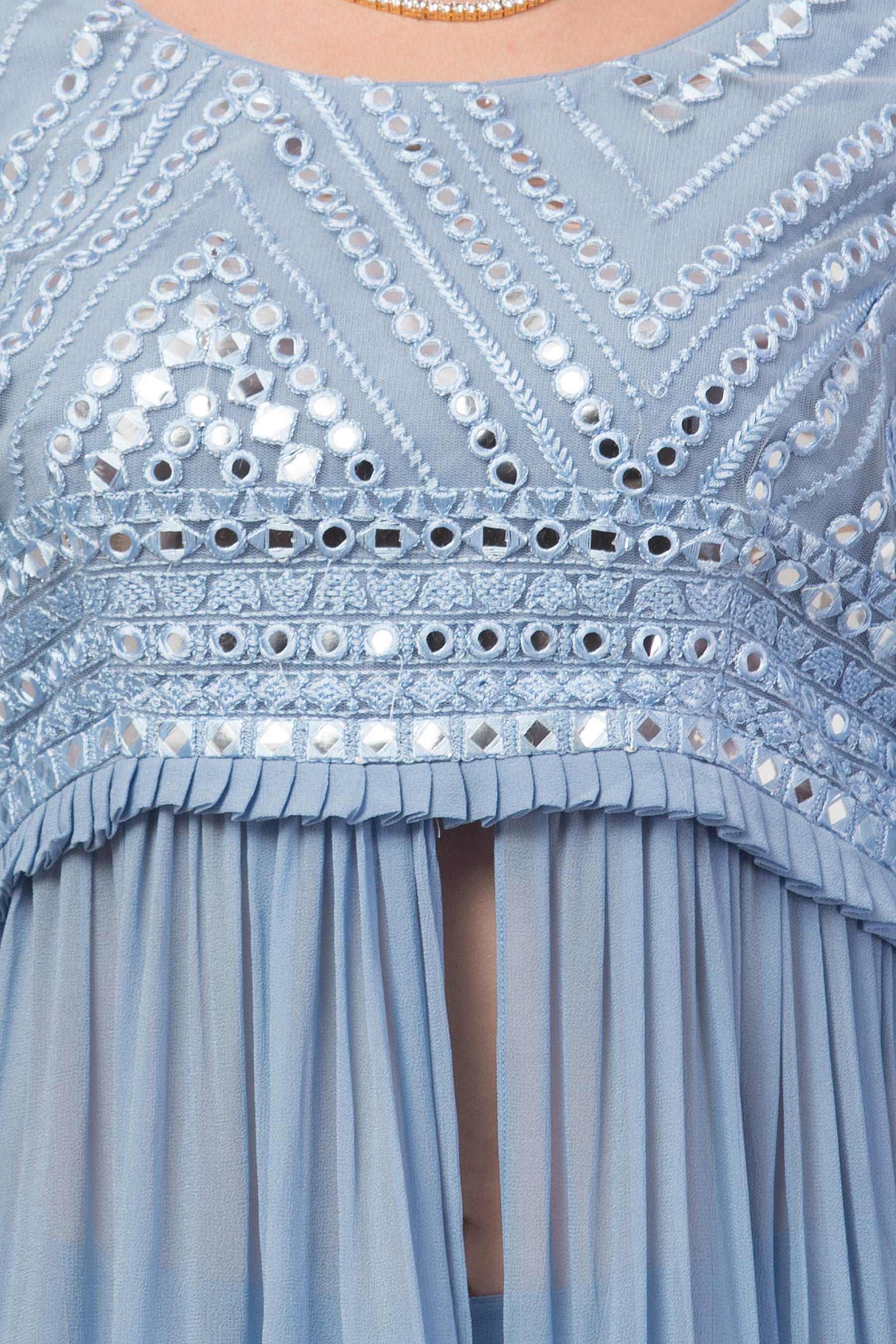 Sky Blue Suit with Three Tier Dramatic Sleeves and pants - wishdrobe