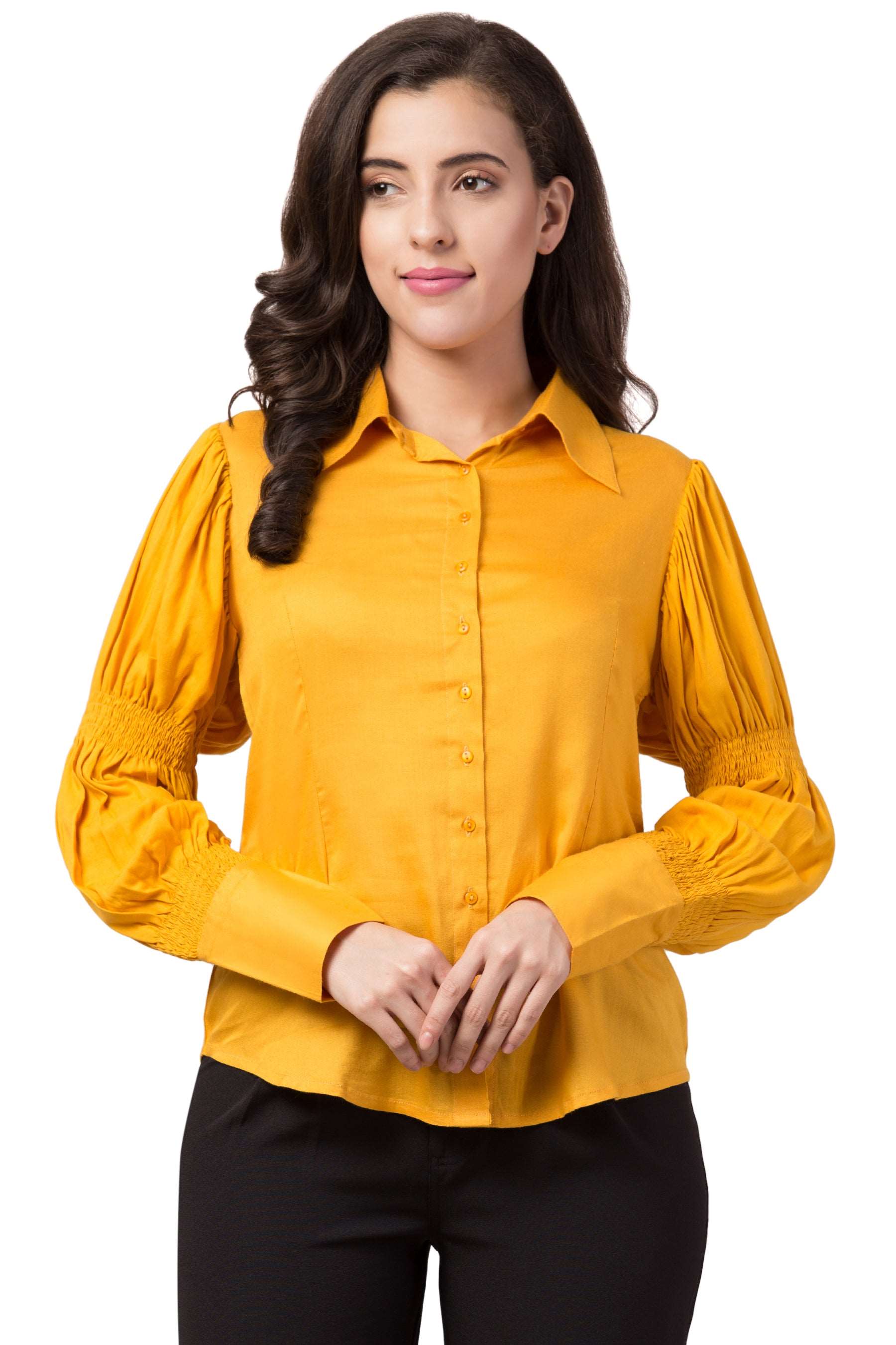 Shirred Sleeve Shirt : Yellow - wishdrobe