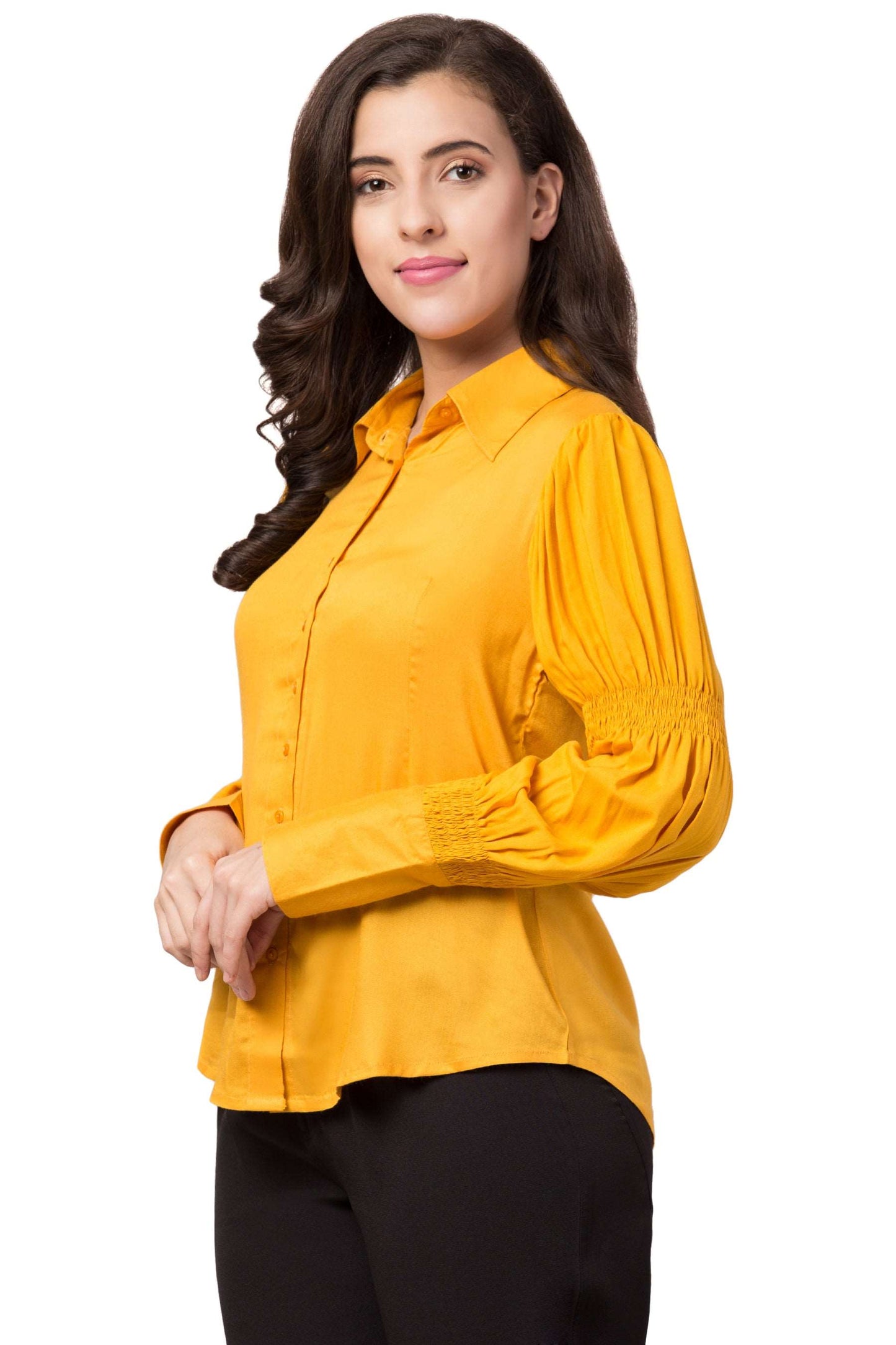 Shirred Sleeve Shirt : Yellow - wishdrobe