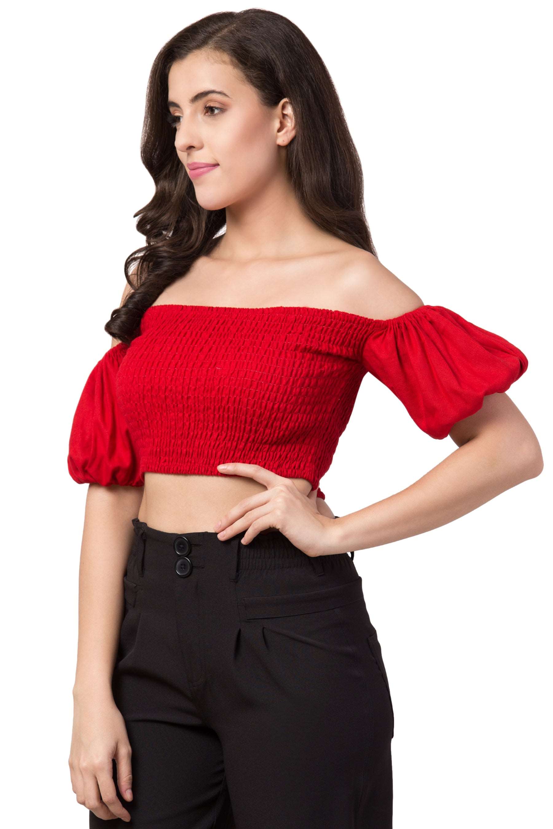 Shirred top with puff sleeves : Red - wishdrobe