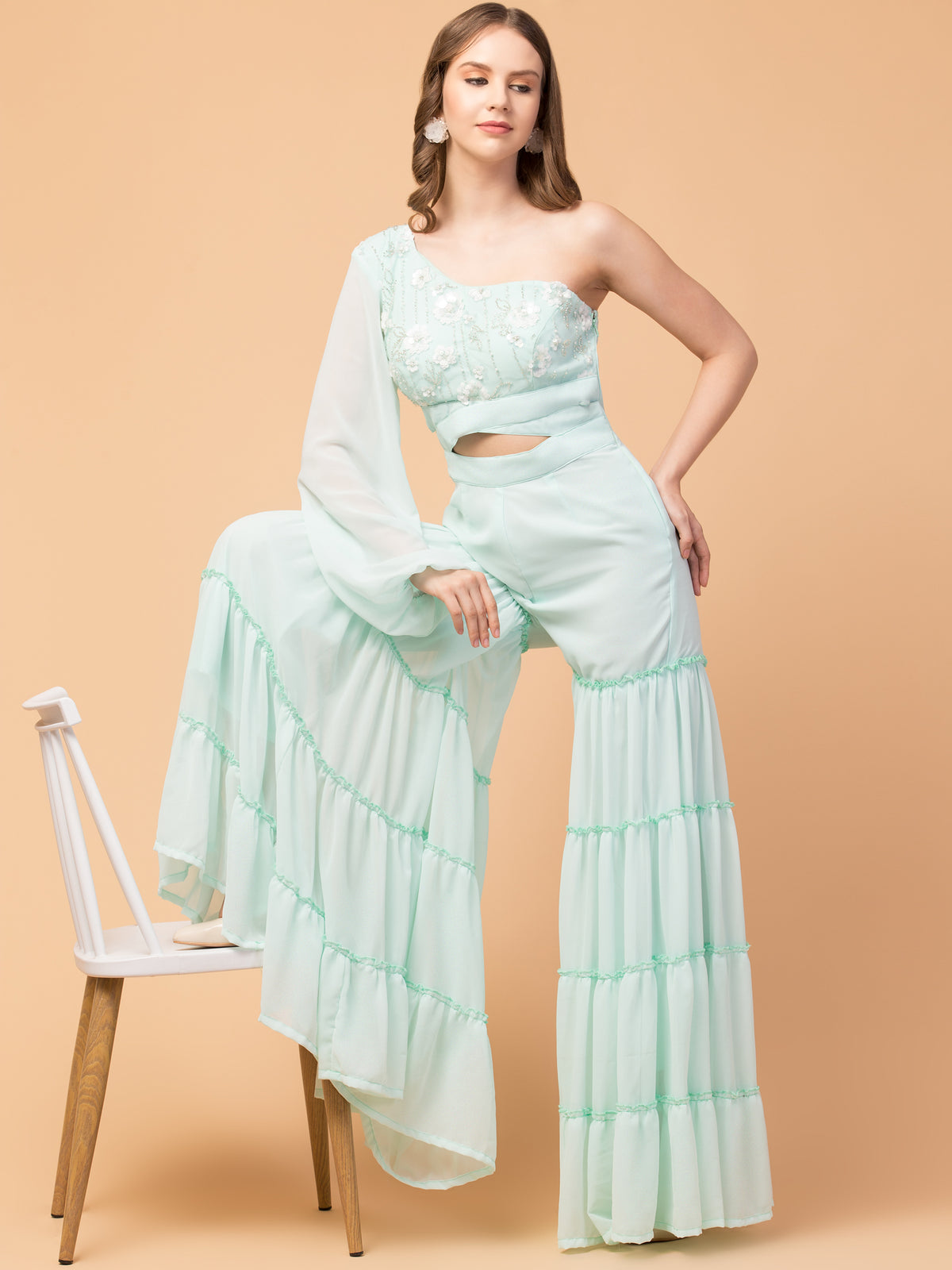 Three-Tier Indo-Western Jumpsuit- Misty Mint