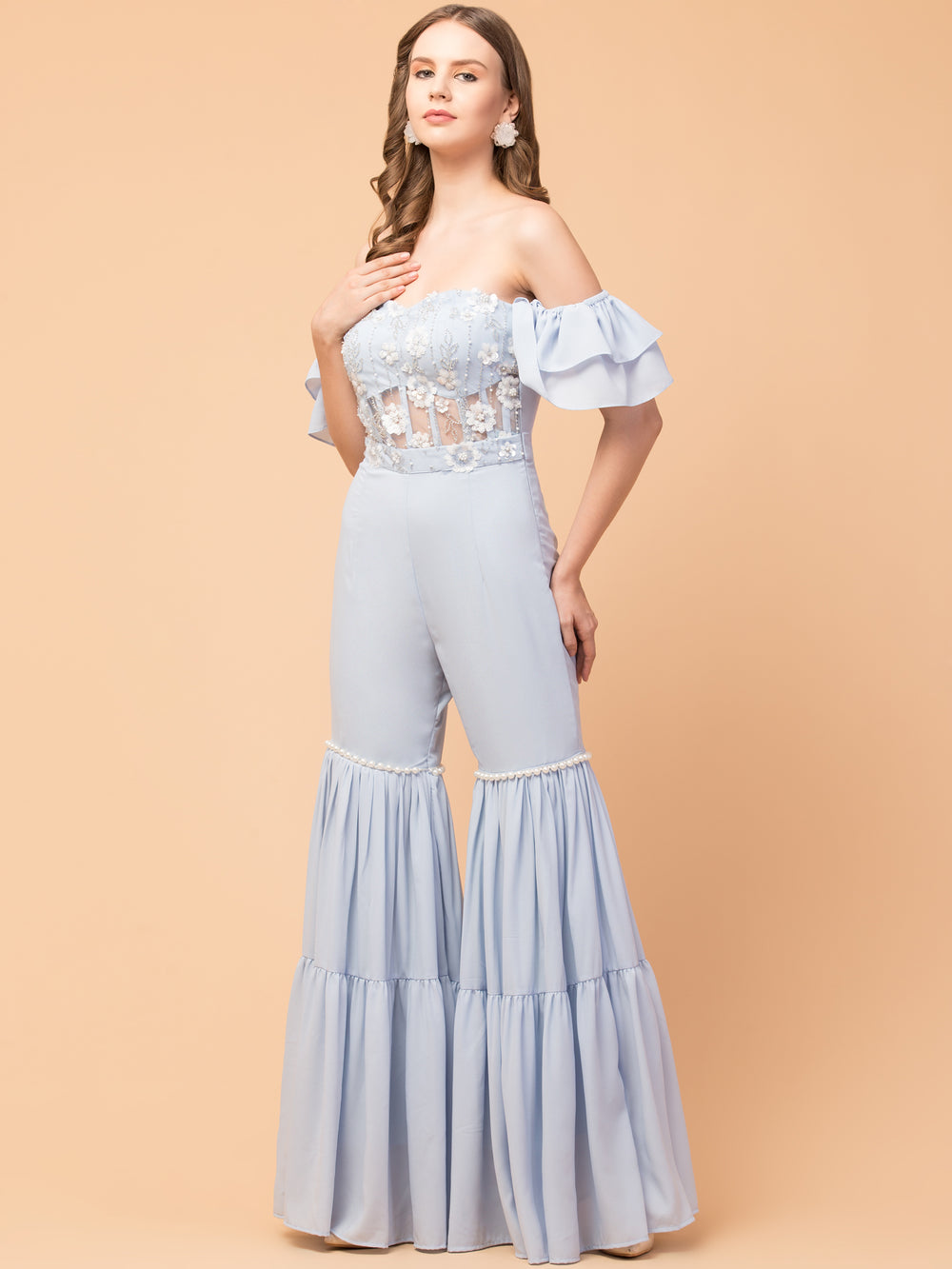 Corset Indo-Western Tiered Jumpsuit- Earthy Blue
