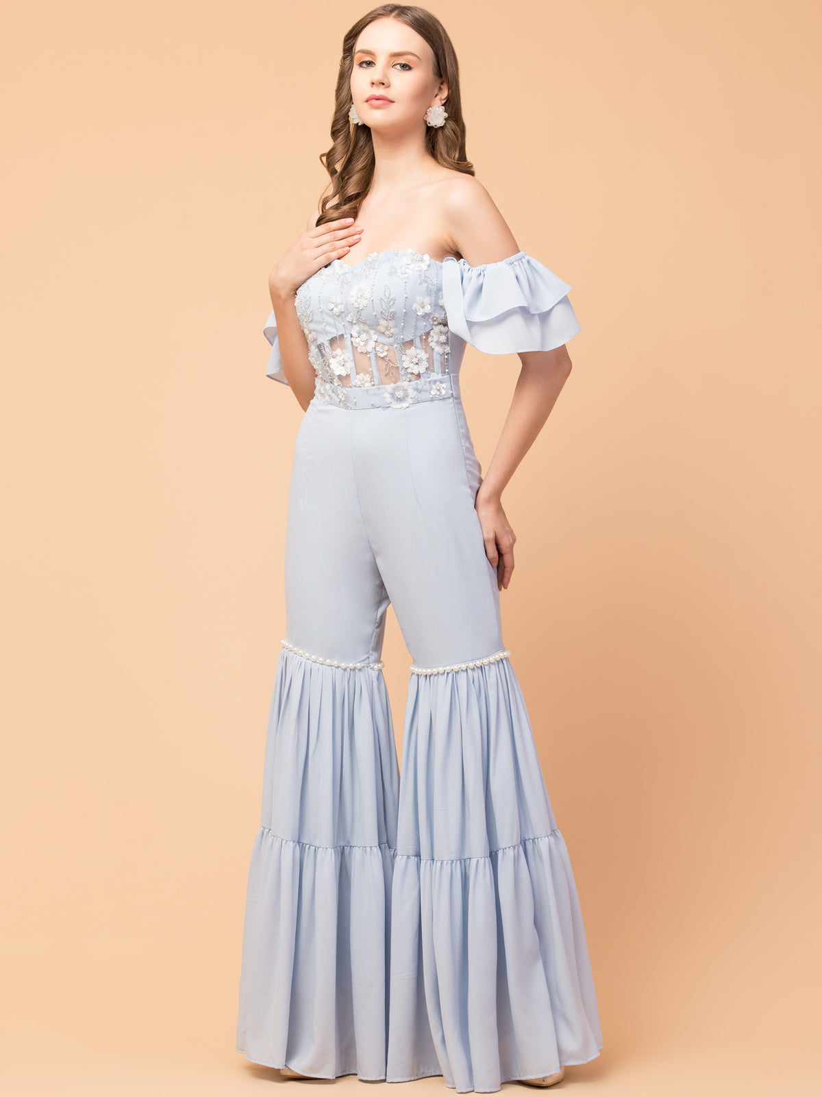 Corset Indo-Western Tiered Jumpsuit- Earthy Blue