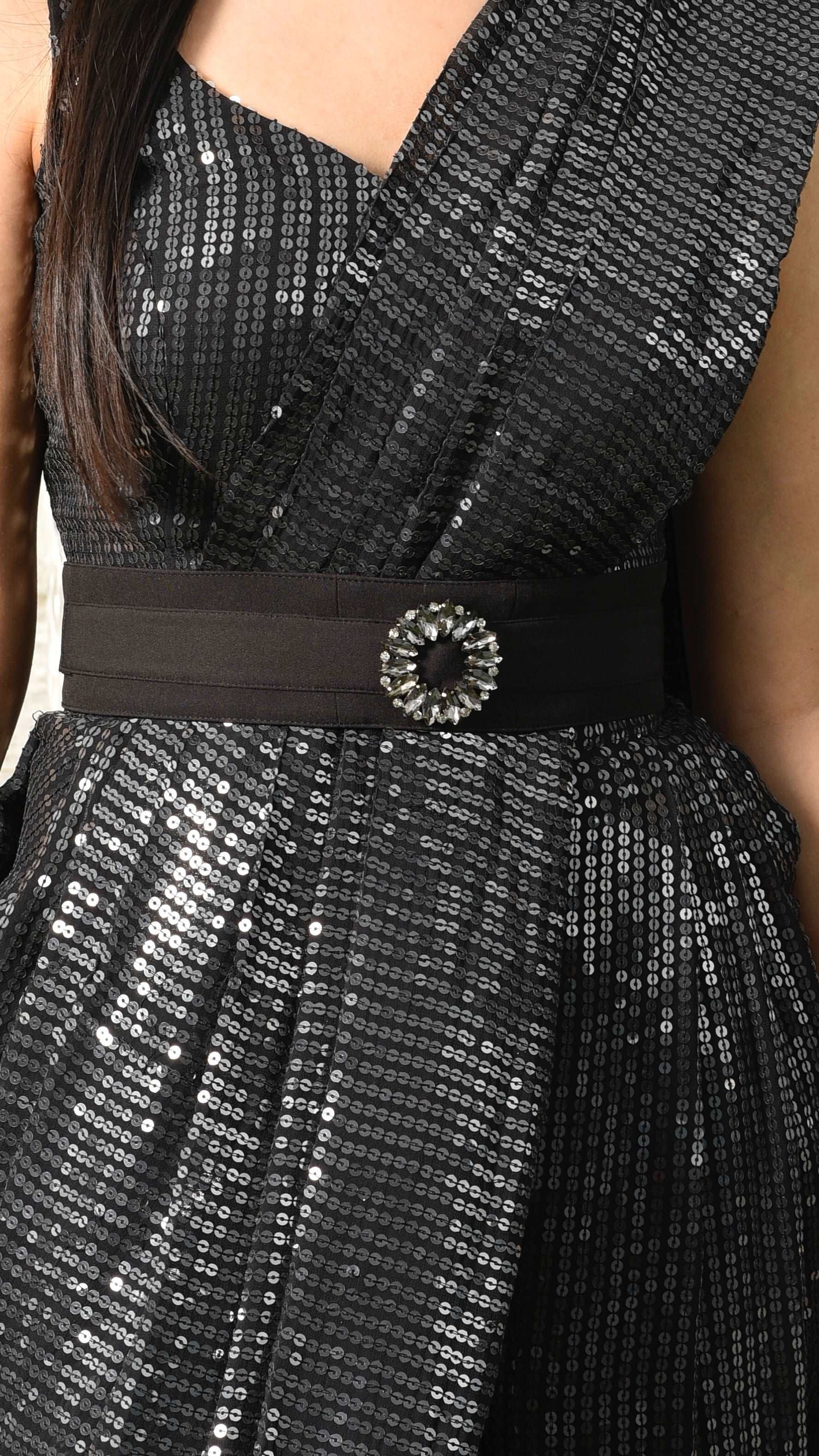 Bespoke Midnight Black Draped Cowl Saree - wishdrobe