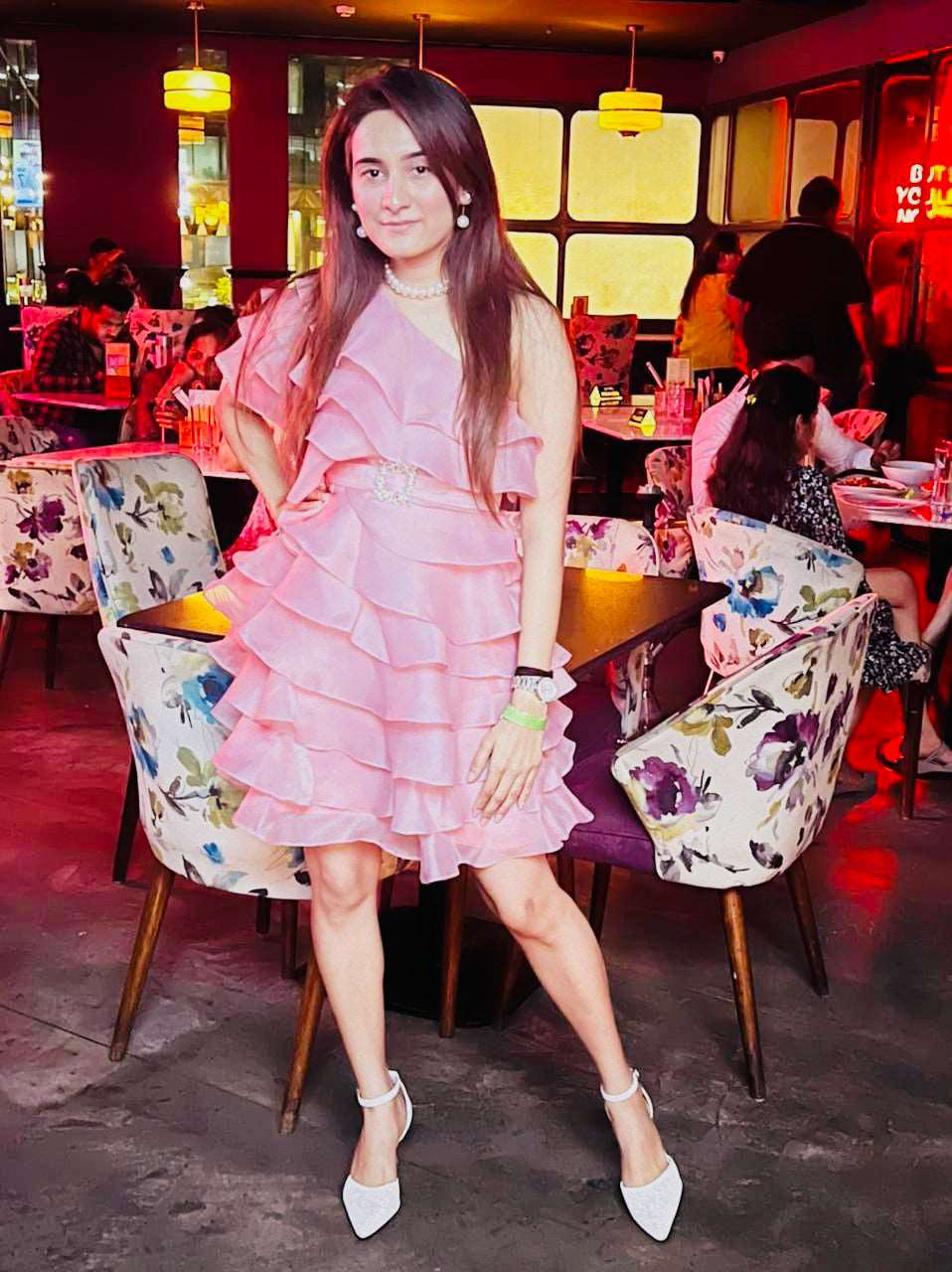 Lyla Pink Ruffled Organza Dress with Rhinestone Belt - wishdrobe