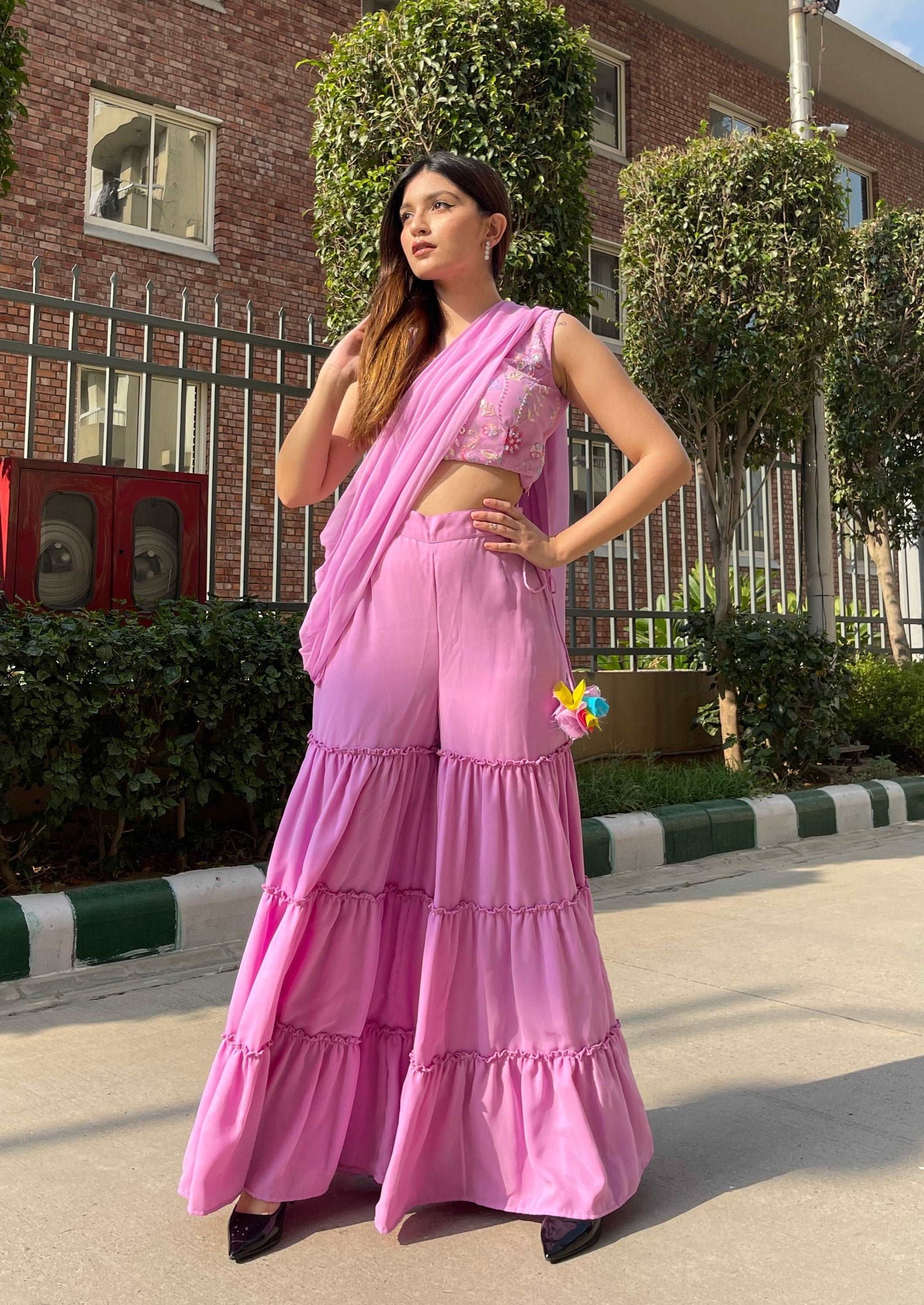 Blush Pink Embellished Drape Sharara Saree With Blouse And Belt - wishdrobe