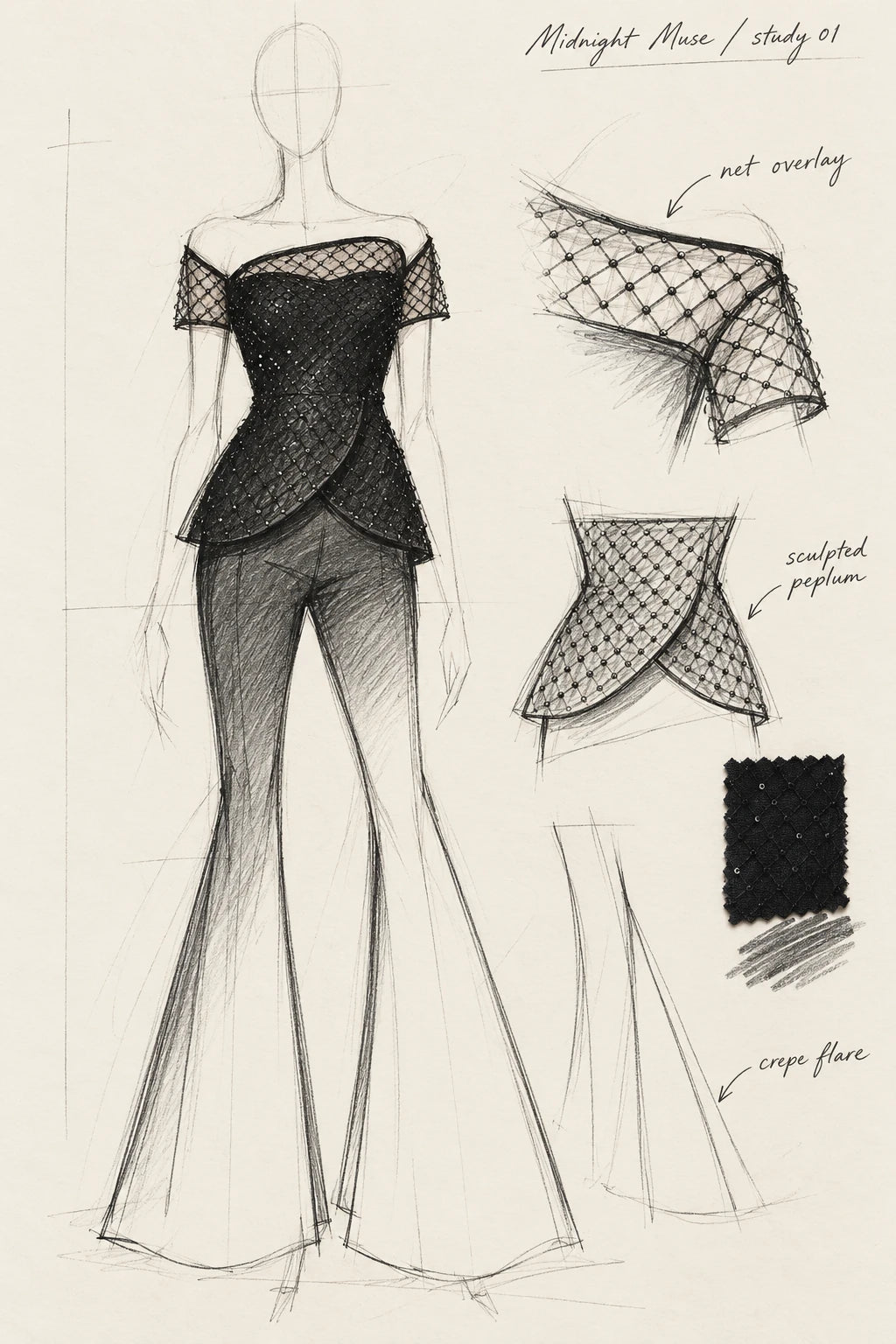 Illustrated design study of the Midnight Muse Set in Jet Black